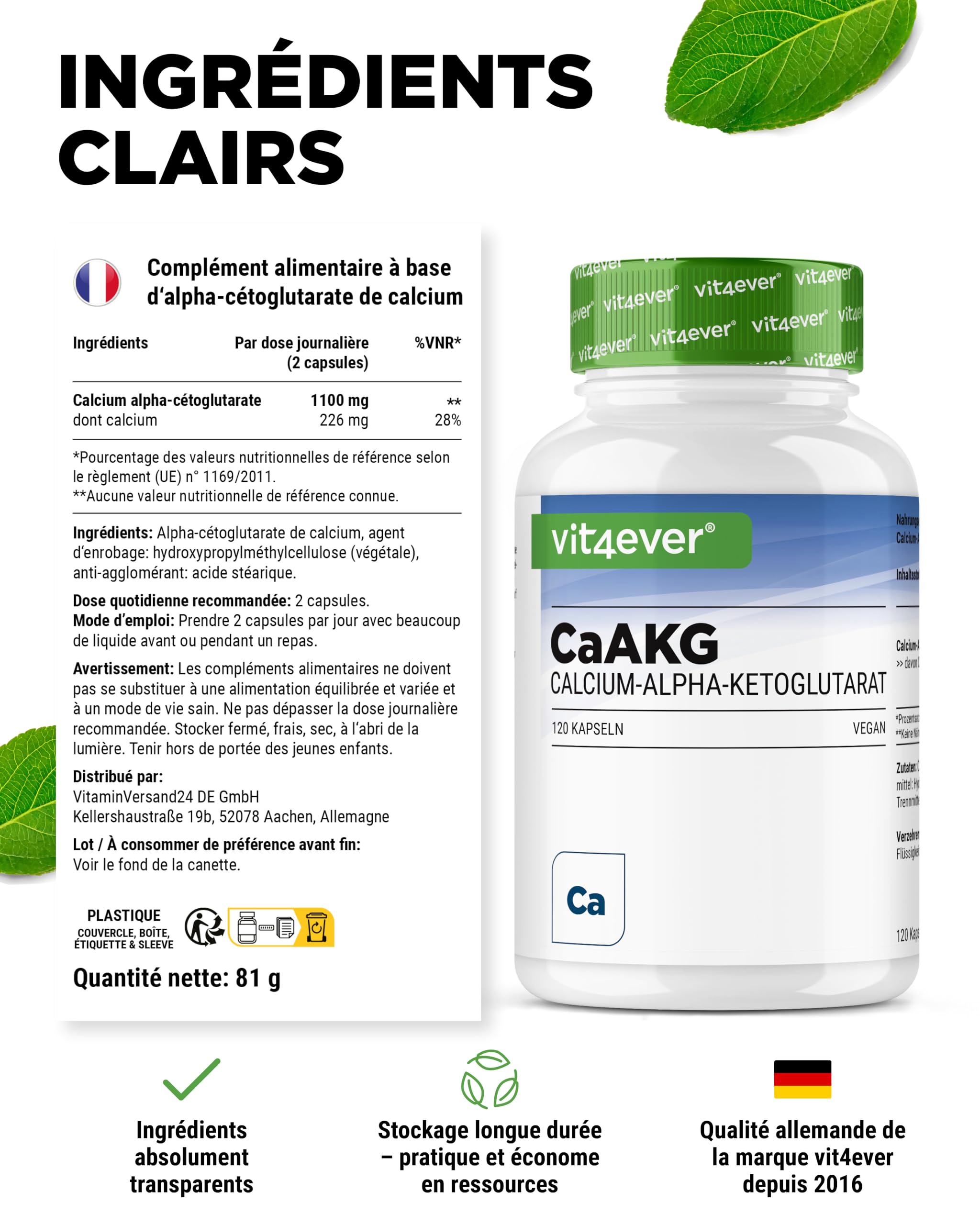 CaAKG - Calcium Alpha-Cétoglutarate - 120 Gélules - Hautement Dosé à 1100 mg par Dose Journalière - Calcium Pur & Alpha-Cétoglutarate Sans Additifs Inutiles, Vegan