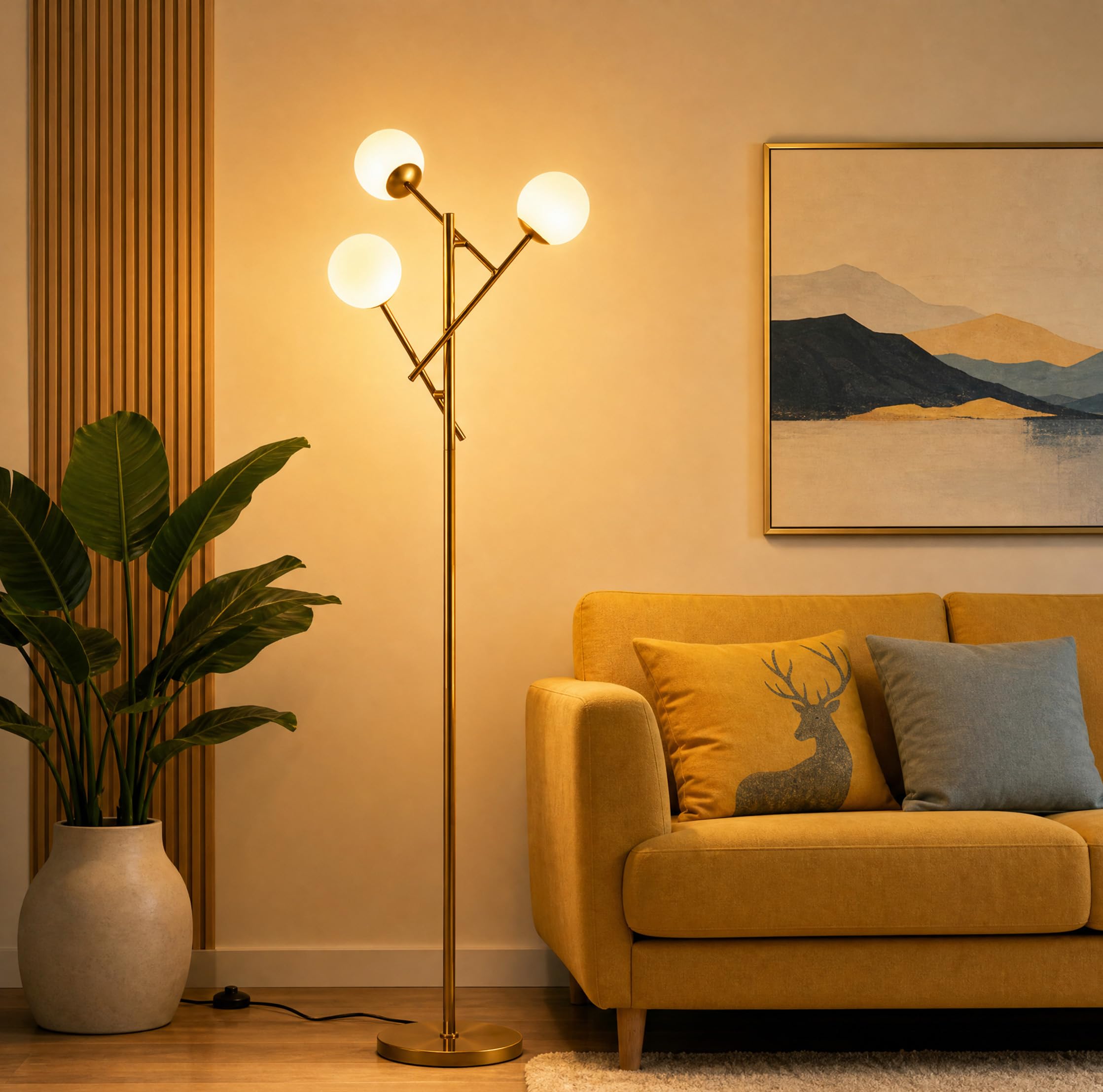 Fiqevs 3 Globe Floor Lamp for Living Room, Swing Arms Standing Tree Lamp