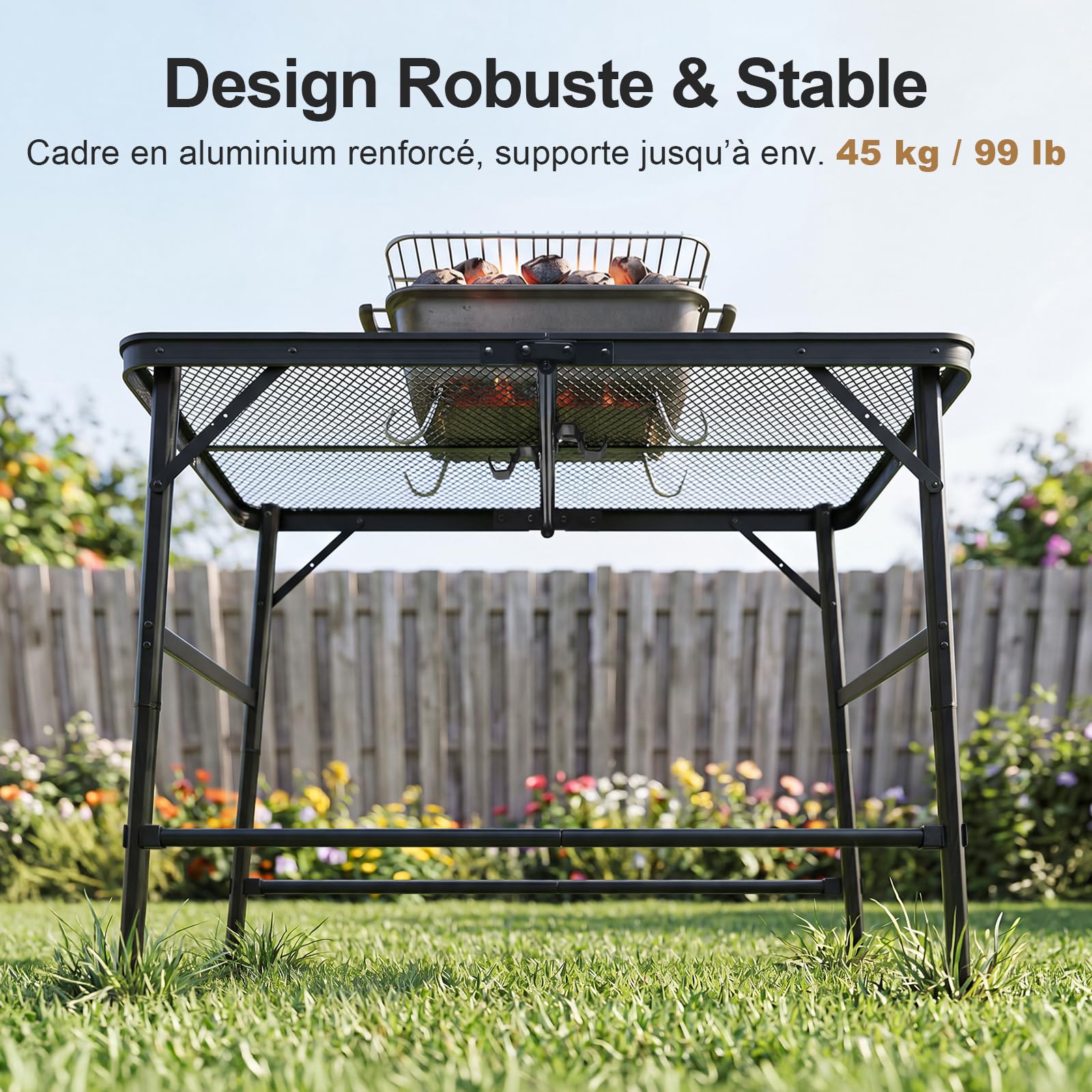 Table Pliante Extérieur 90x60 cm, Table pour Plancha Extérieur et Barbecue Pliable en Métal, Table Camping Légère 3,6 kg, Hauteur Réglable 40,5/65 cm, Charge 45 kg, pour Jardin Terrasse Camping