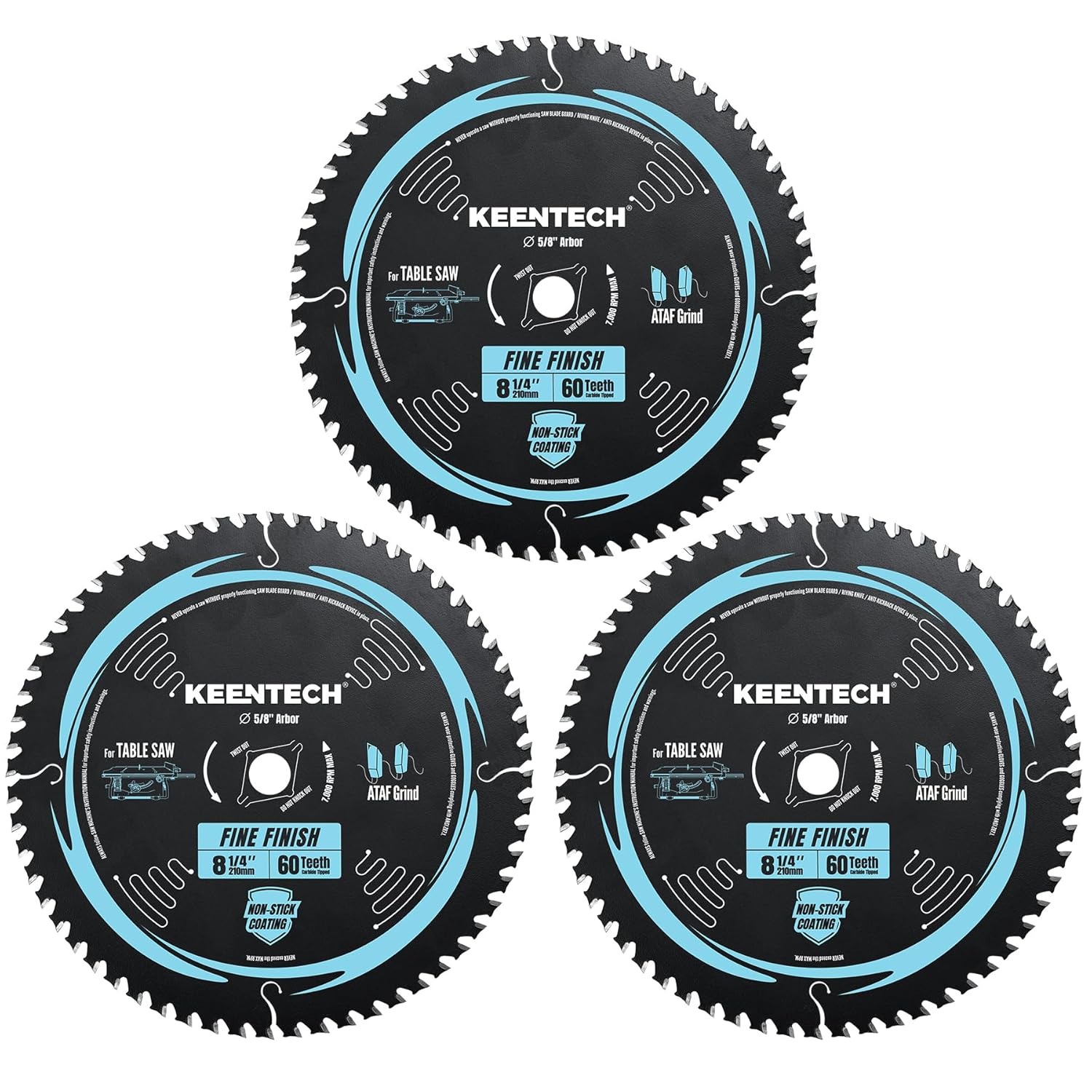 KEENTECH 8-1/4 Inch 60 Tooth Fine Finish Table Saw Blade, Non-Stick Coating, Tungsten Carbide Tipped, ATAF Grind, 5/8 Inch Arbor Hole 3-Pack