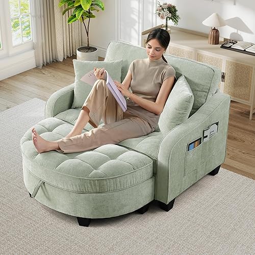 Silla Chaise Lounge de Interior, Silla de Sofá de Chenilla de Gran Tamaño con Otomana de Almacenamiento y Respaldo Ajustable, Sofá Biplaza Cian