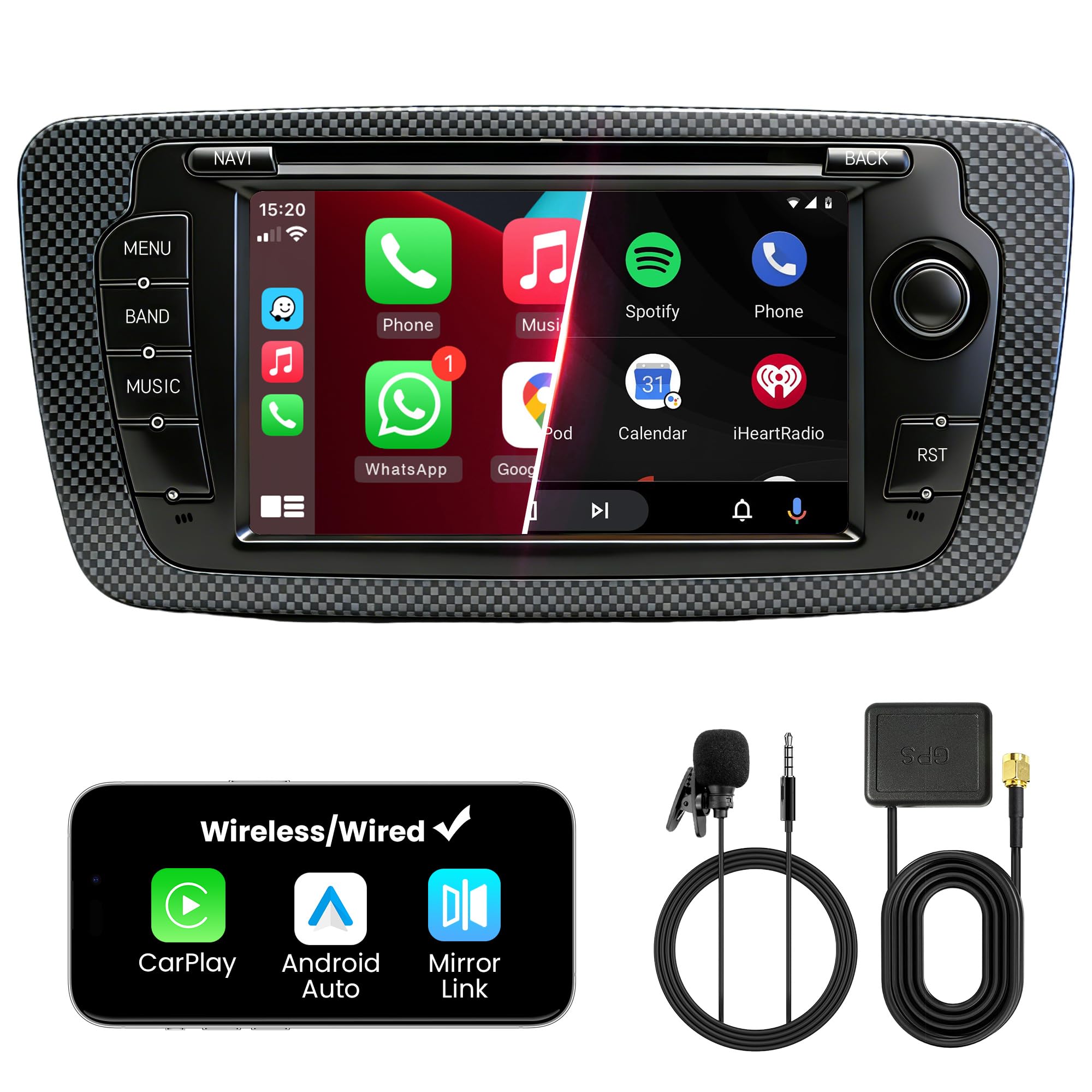 Autoradio Doble DIN con Pantalla para Seat Ibiza (2008–2013), CarPlay y Android Auto Inalámbrico, Pantalla Táctil 7", 4GB+64GB, Bluetooth WiFi 5GHz Dab+ FM AUX GPS