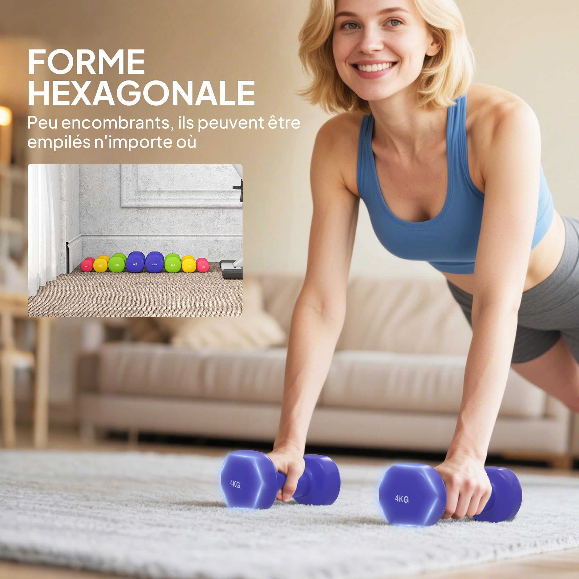 HOMCOM Ensemble d'Haltères Hexagonaux Total 20 kg Lot de 8 Multicolore | Haltères Courts de Gym 1 kg - 4 kg, Revêtement en Polyuréthane, pour la Maison, en Acier