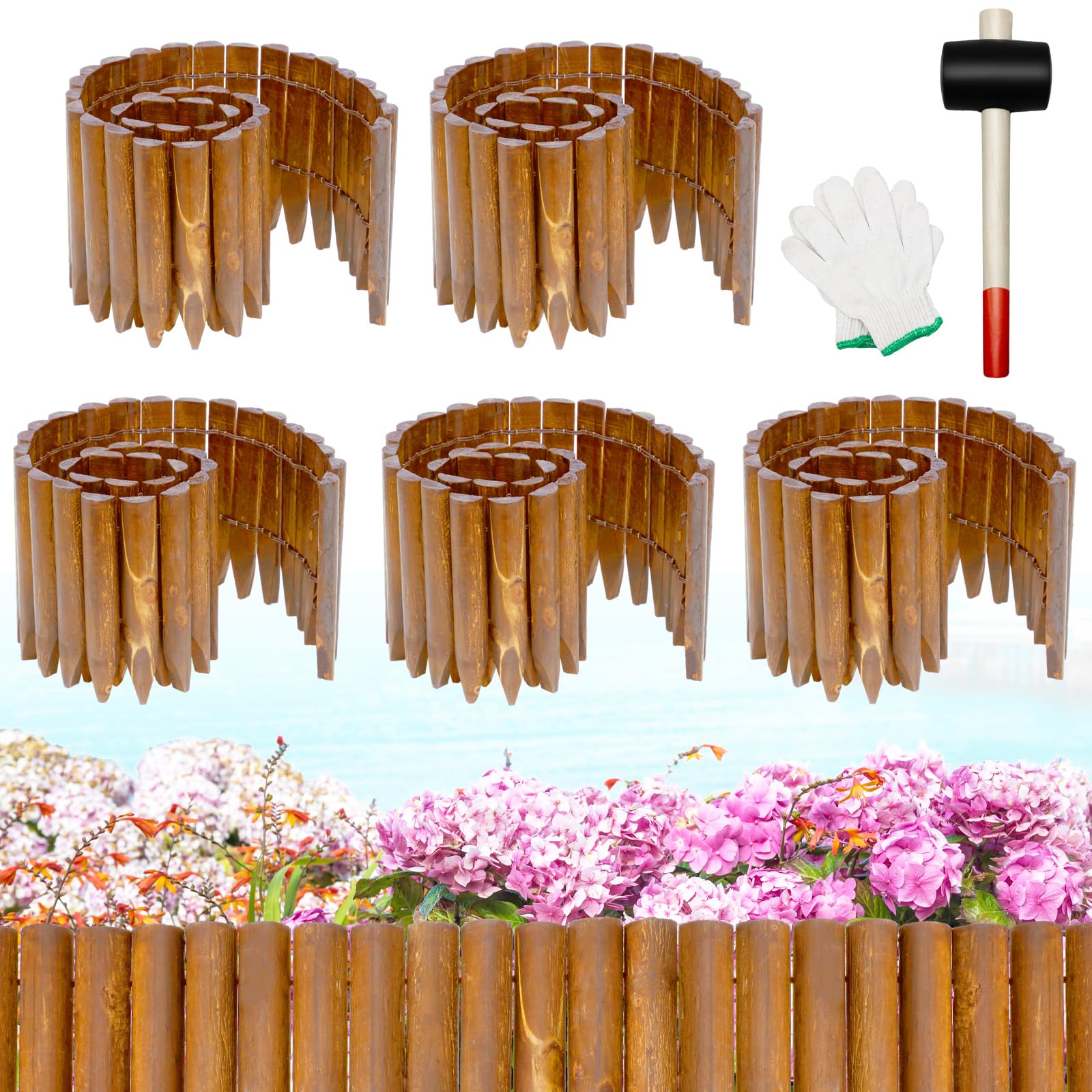 Hicarer 5 Pcs Wood Garden Edging Border Wooden Border Garden Fence with Gloves and Rubber Mallet Hammer for Landscape Garden Outdoor Yard Lawn, 8" H x 47" L Each Piece (Light Wood Color)