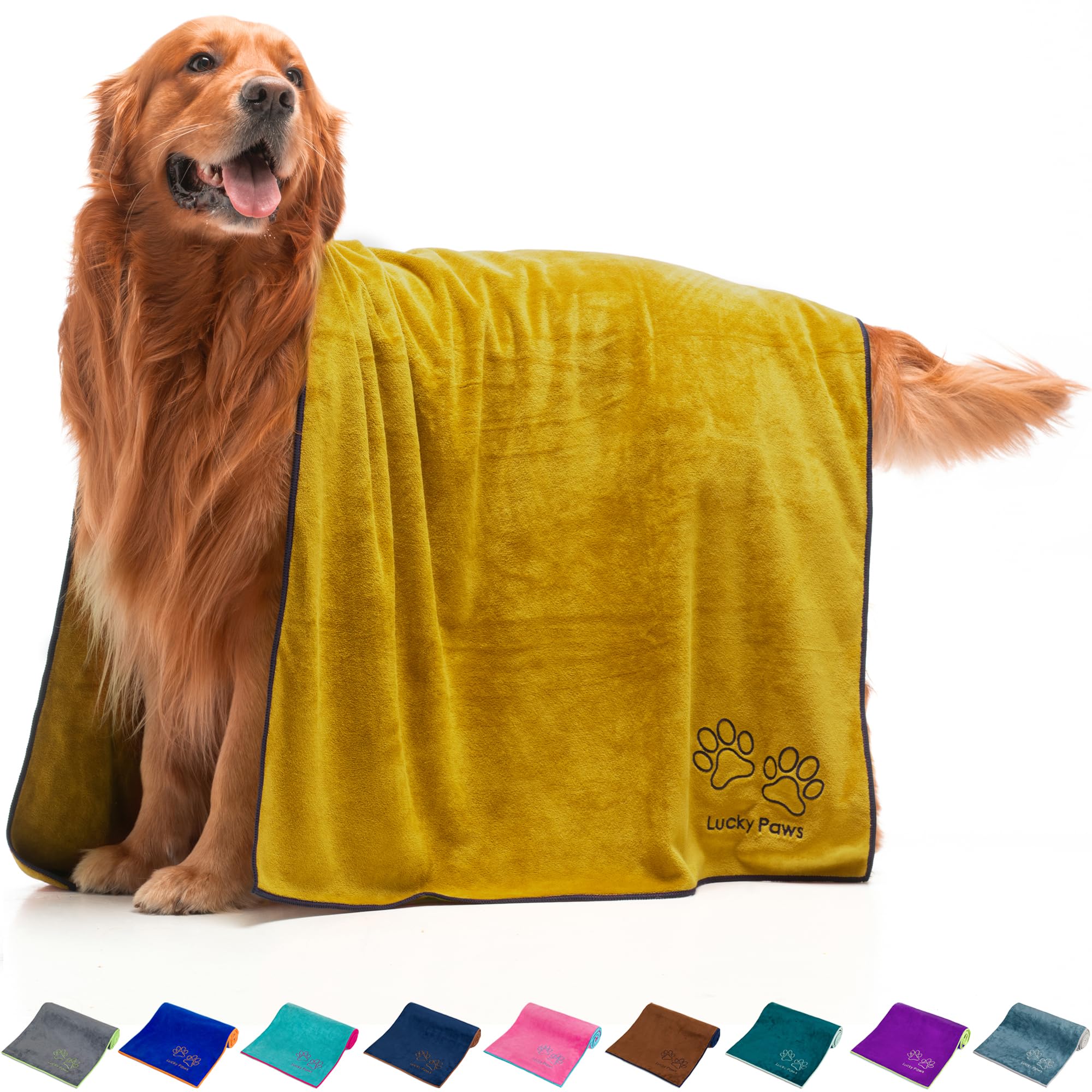 Lucky Paws UK Dog Towel Extra Large 140x70cm Dog Towels Super Absorbent, Luxuriously Soft, Fast Drying Dog Towels for Drying Dogs Premium Microfibre Dog Towel (Pack of 1, Ochre)