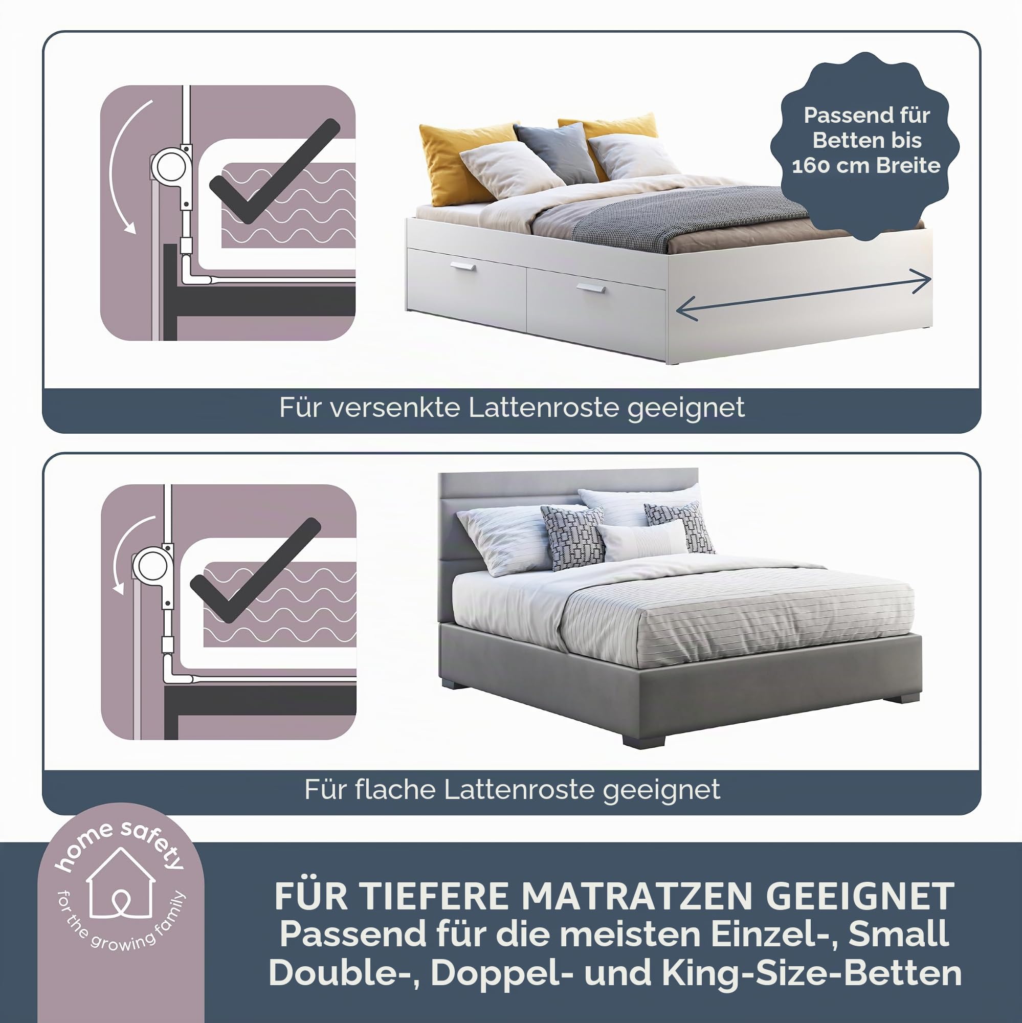Dreambaby Nicole Bettschutzgitter für Kleinkinder – Extra Breit 150 cm & 50 cm Hoch – Einfache Montage, Waschbarer Bezug, Sicherer Übergang vom Kinderbett ins Bett – Passend für Kingsize-Betten – Grau