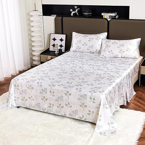 Miniatura 9 de YIYEA Sábanas de satén, estampado floral, lujosas sábanas de tamaño King de tacto sedoso, elegante juego de sábanas de satén liso, bolsillo profundo