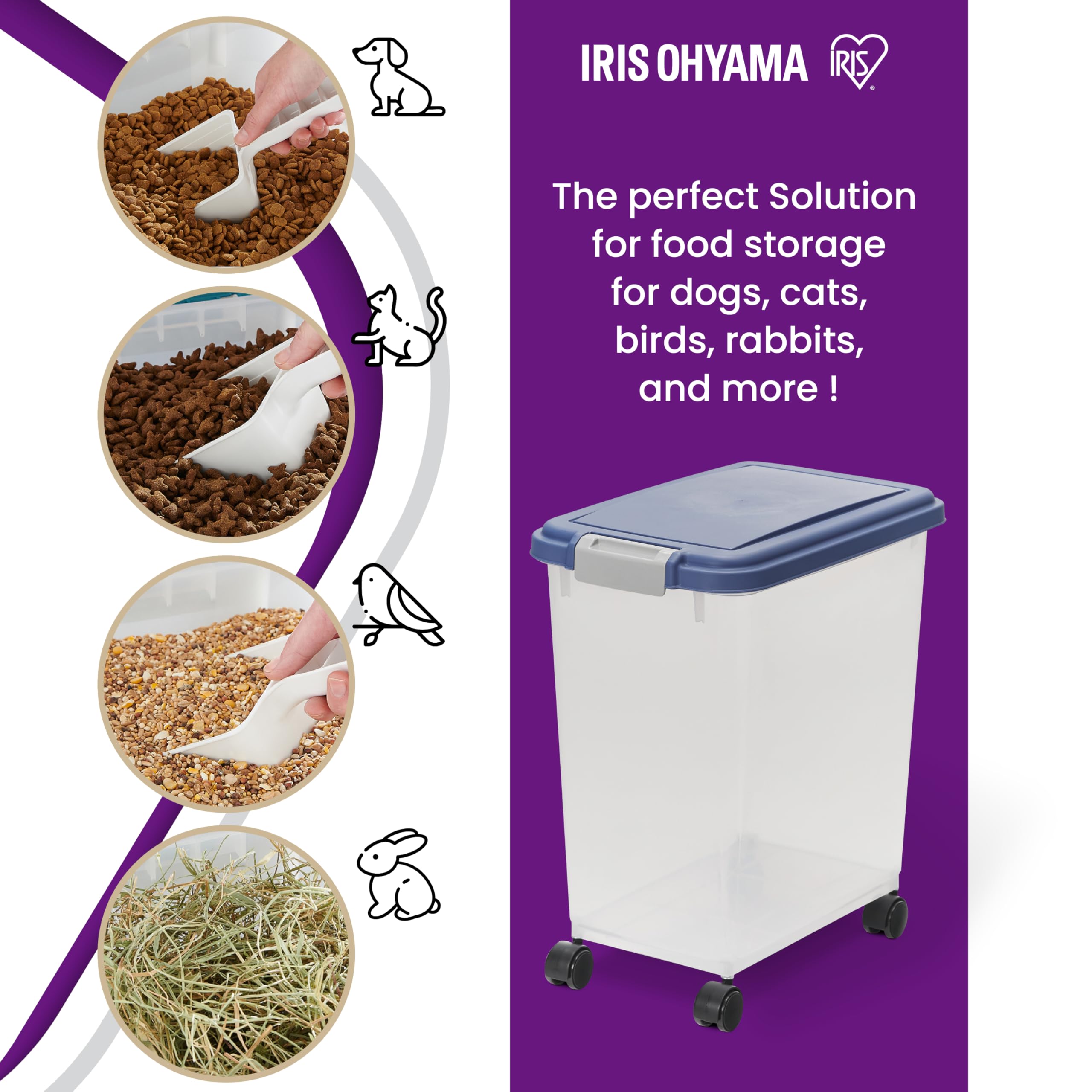 Iris Ohyama Hundefutter Aufbewahrung mit Rollen, 30L/11kg, Graublau, Luftdichte Futterbox, Trockenfutter, Futterbehälter, Für Hunde, Katzen, Tierfutterbehälter, BPA-frei, Futtertonne, MP-8