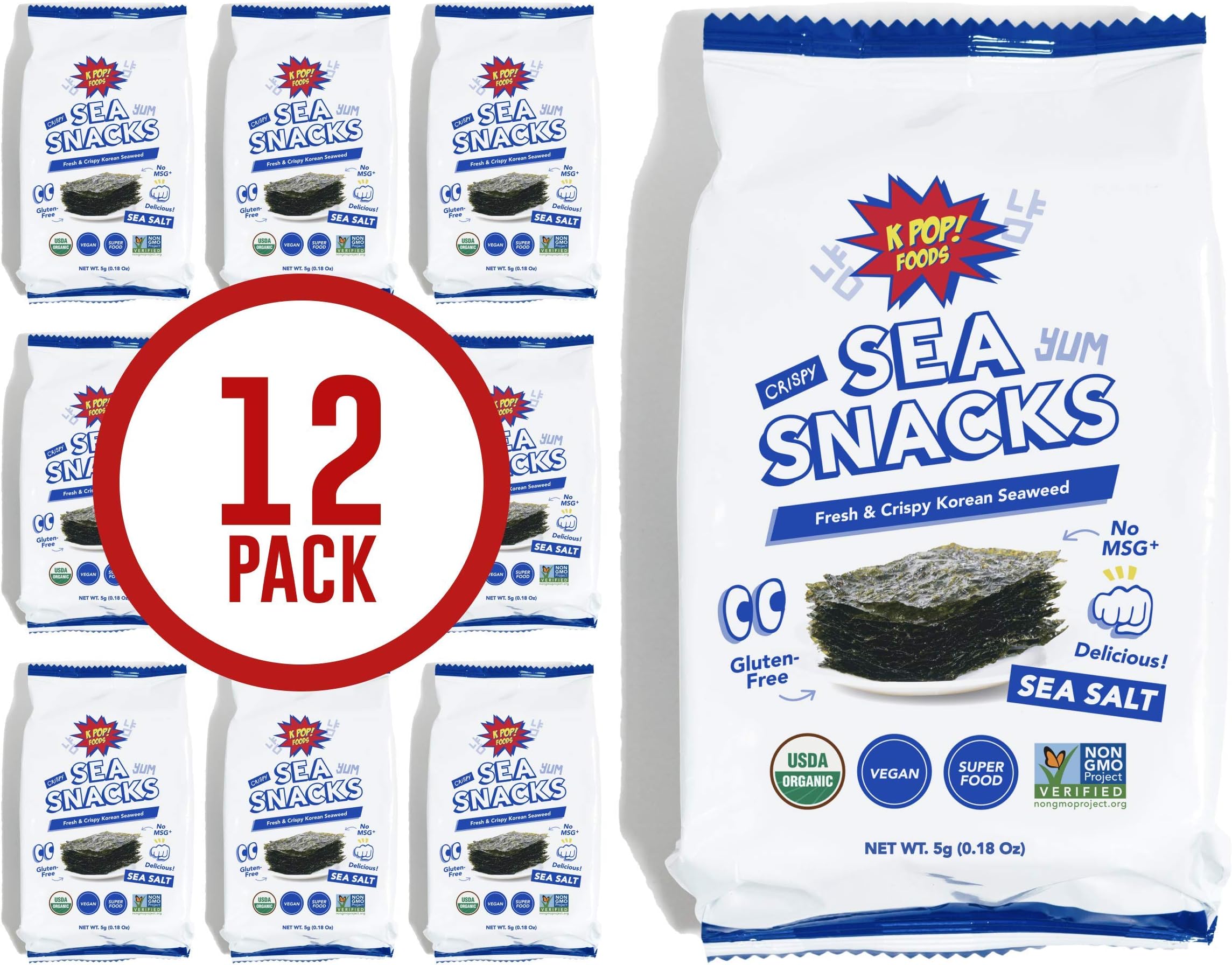 KPOP Sea Snacks - Premium Seaweed Snacks, 5 grams, Lightly Salted Roasted Seaweed - Korean Snacks, Vegan Snacks, Certified Organic, Verified Non-GMO, Gluten Free Snacks, from KPOP Foods (12 Pack)