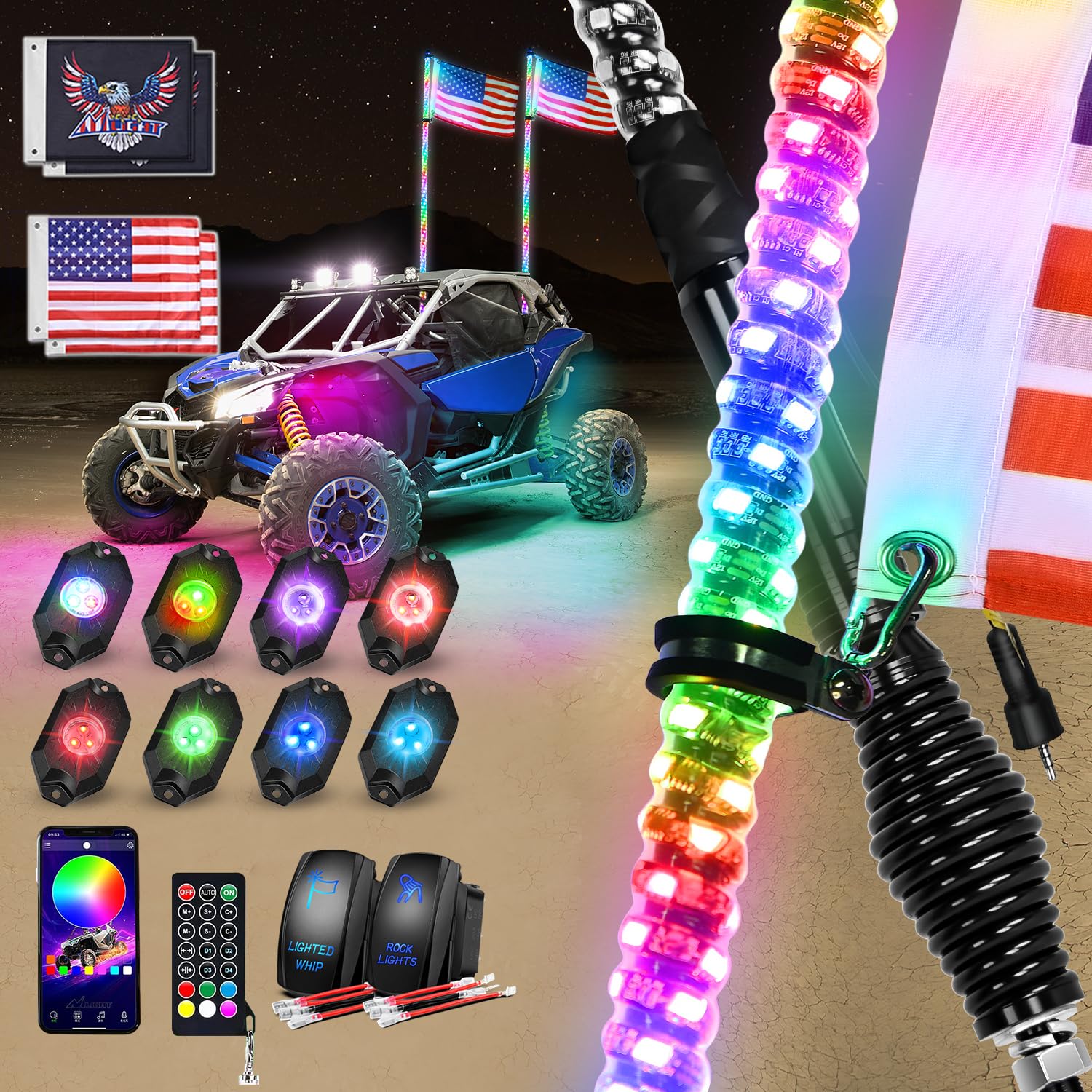 Nilight RGB LED Whip Light 2PCS 4FT with 8 Rock Lights Combo