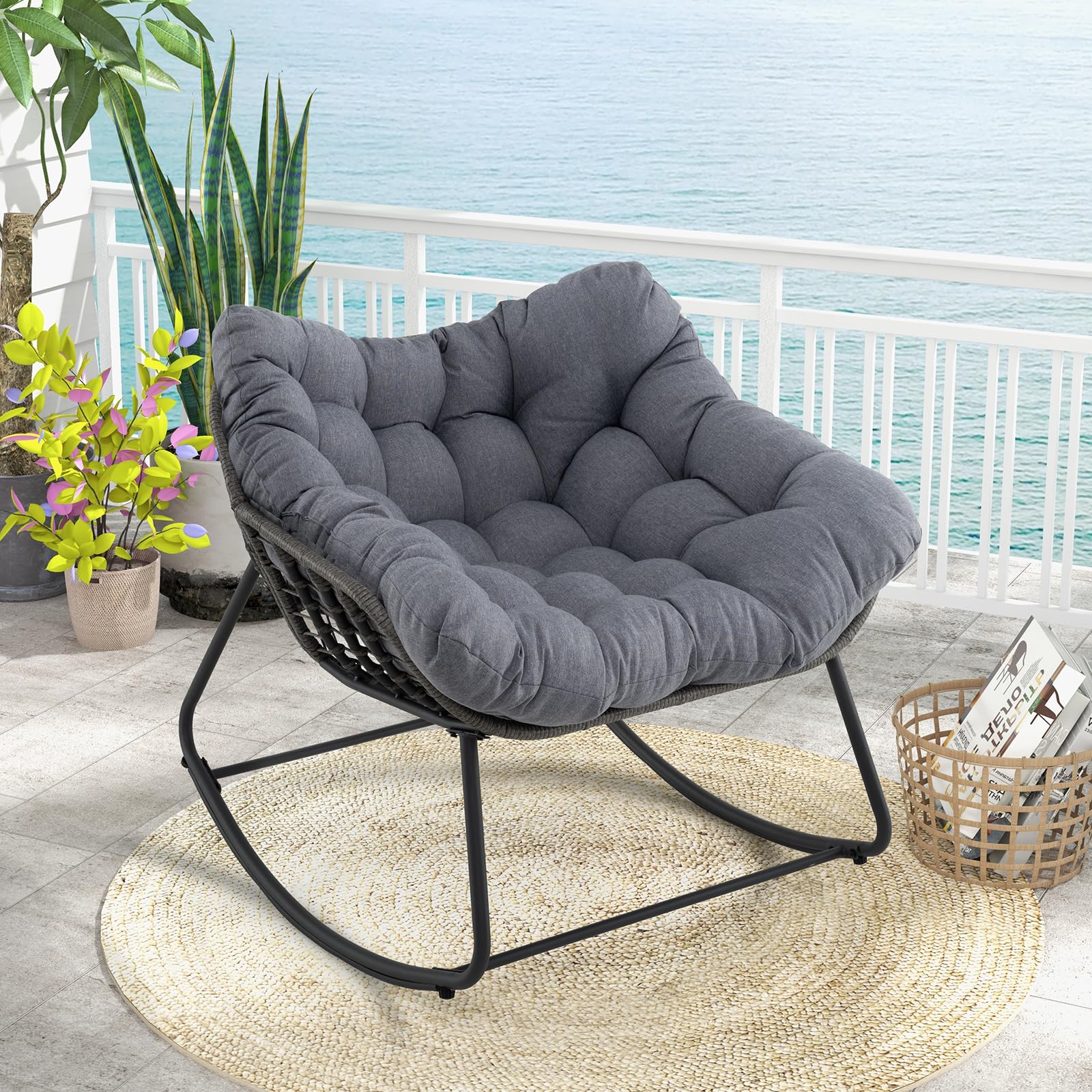 COSTWAY Silla Mecedora para Exteriores, Silla de Huevo de Mimbre PE de Gran Tamaño con Cojín Grueso y Extraíble, Silla de Ratán con Estructura Metálica Resistente para Salon, Balcón, Jardín (Gris)