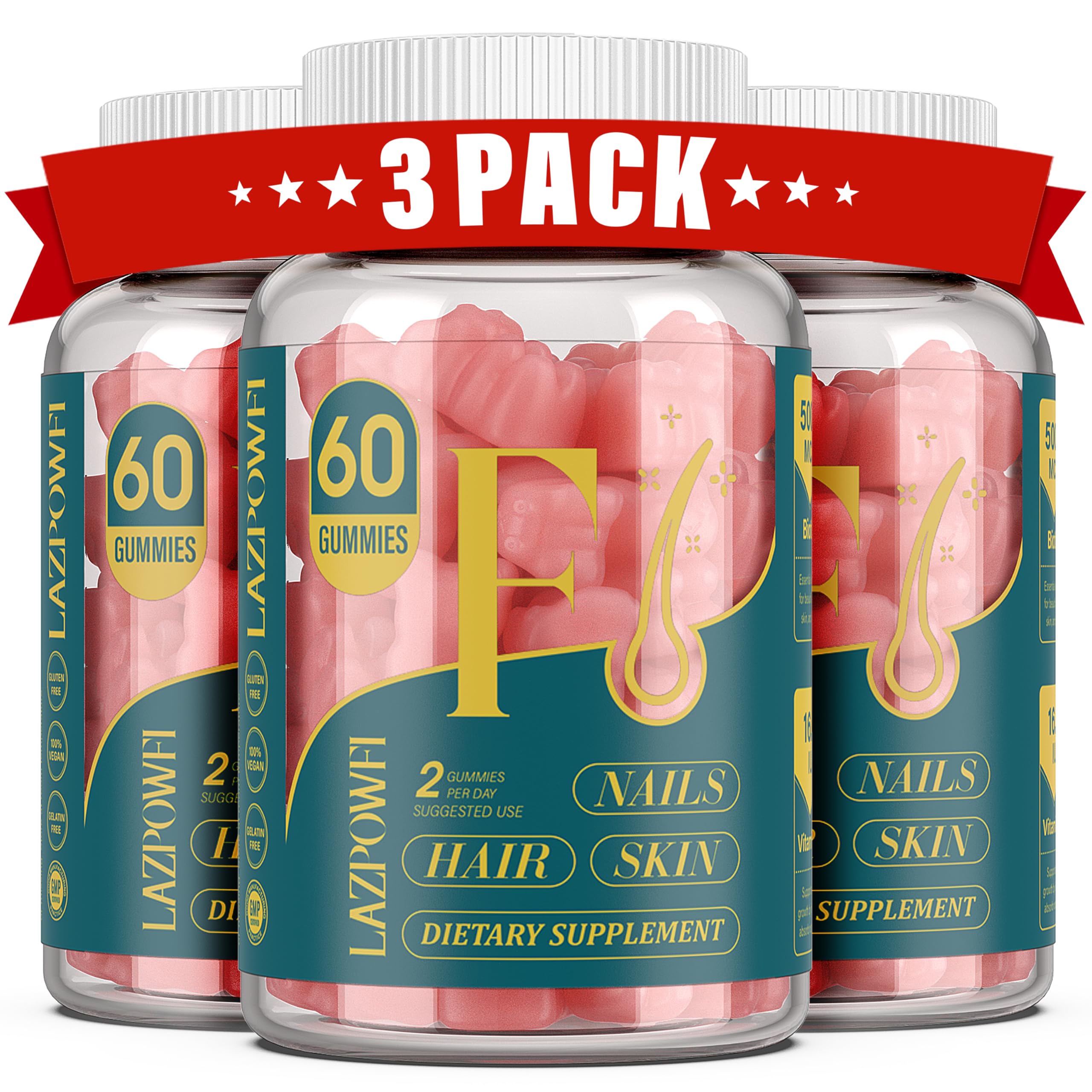 Biotin Gummies -Hair Skin and Nails Vitamins for Men & Women, Vegan Vitamin B7, Supports Hair Growth and Stronger Nails,90 Day Supply-Raspberry-3 Pack