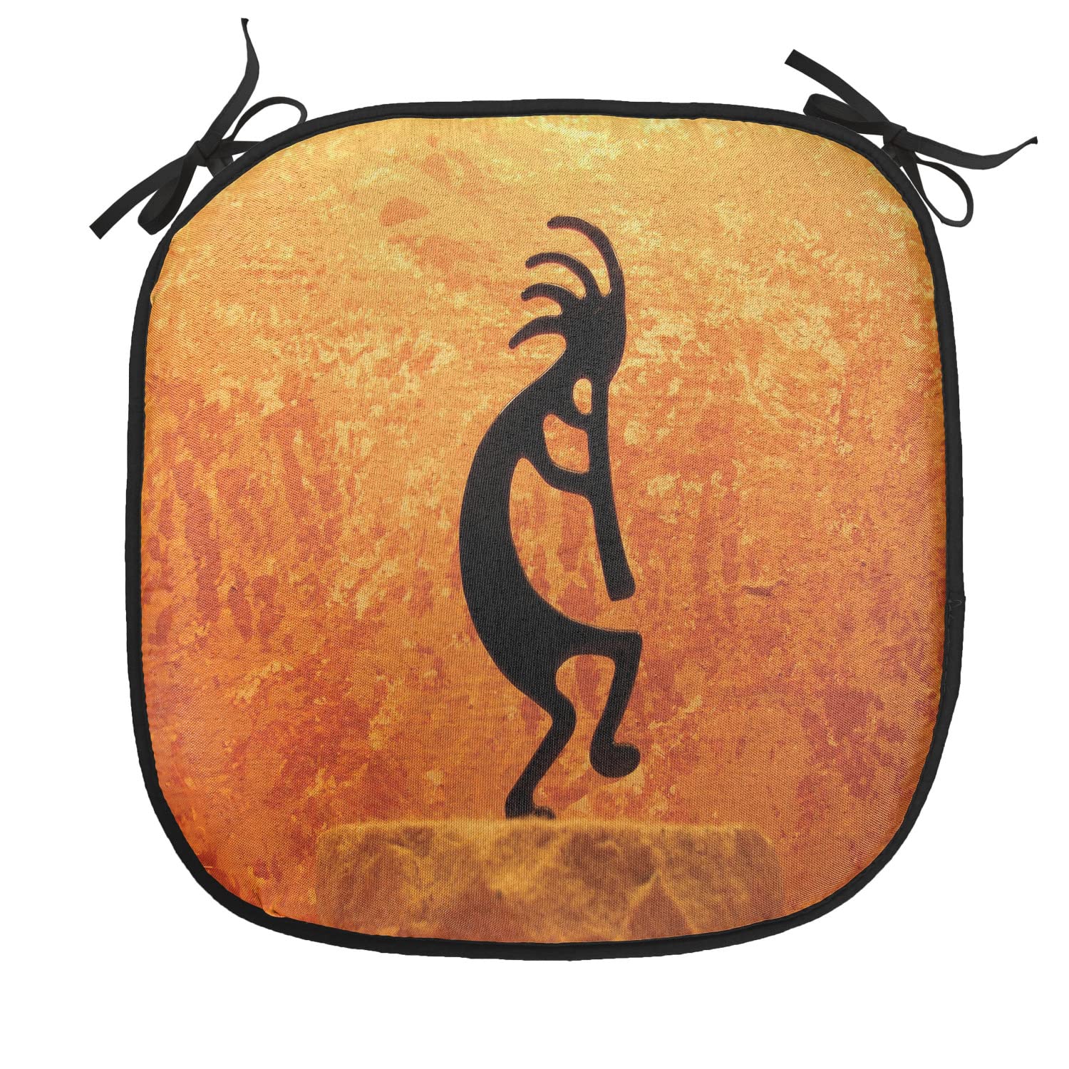 Lunarable Retro Chair Cushion Pads Set of 4, Kokopelli Character Print on Grunge Background, Anti-slip Seat Padding for Kitchen & Patio, 16