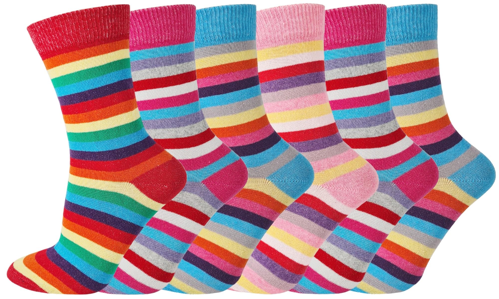 Ladies Womens Girls Ankle Socks Cotton Rich Funky Design Multipack Of Stripes - 6 Pairs Size 4-8 (UK, Numeric, 4, 8, Regular, Regular, Yellow Blue Red Pink)