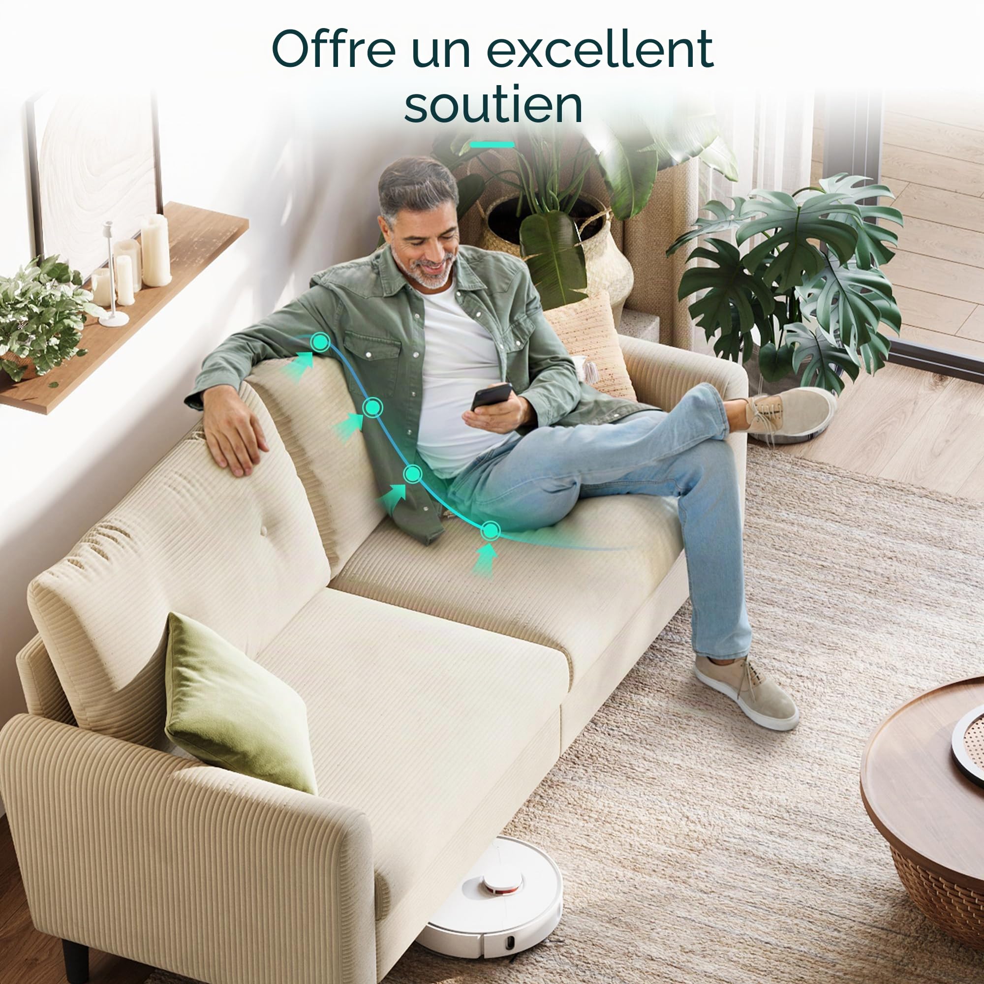 LINSY HOME Canapé 3 Places de 201 cm de Large avec Profondeur d'assise réglable - Petit canapé pour Salon, Chambre à Coucher, Appartement, Bureau - Beige
