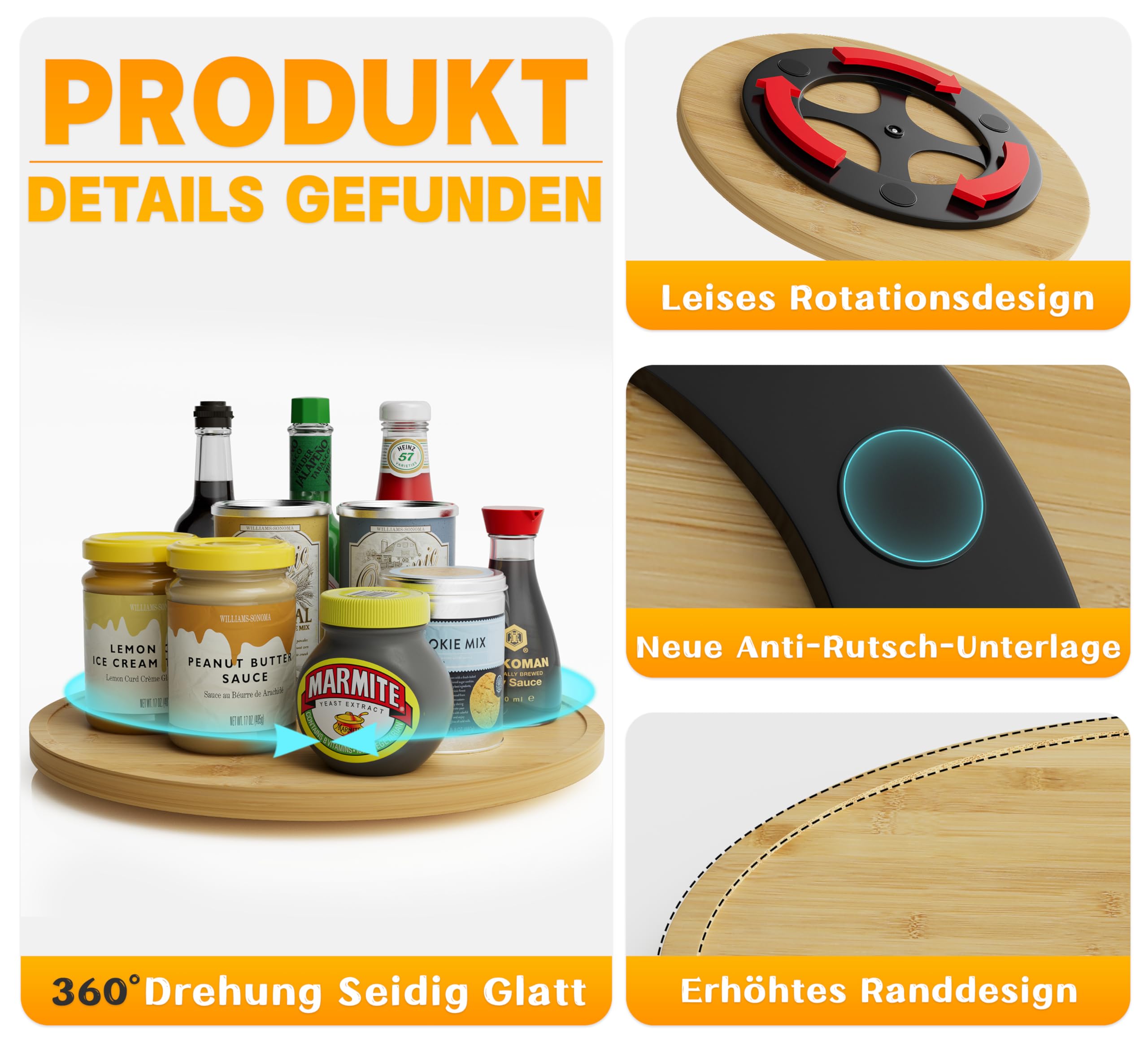 Bambus Drehteller 30cm - 360° Drehbares Gewürzregal Für Küche & Speisekammer