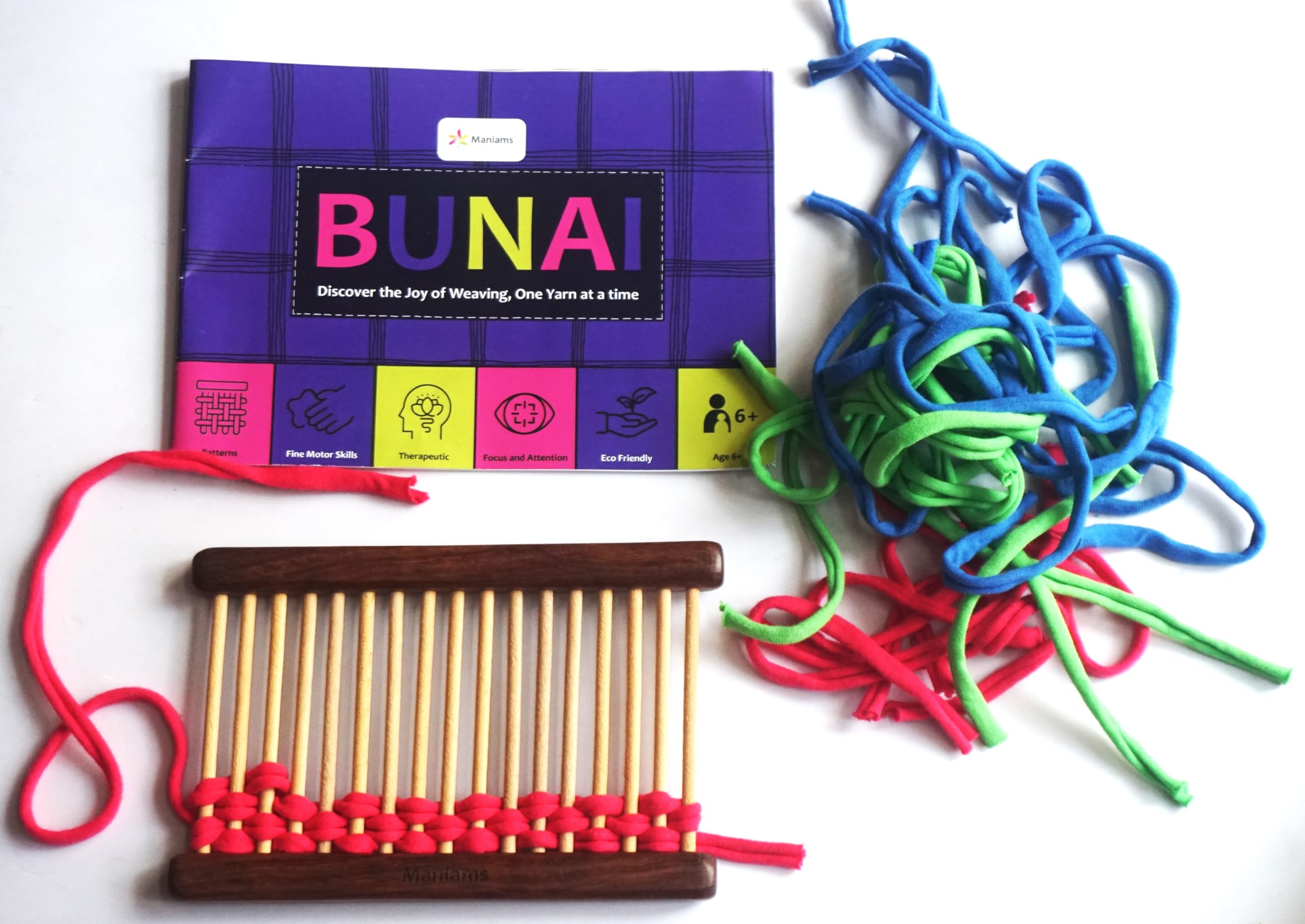 Maniams Bunai Wooden Weaving Tool with Yarns Pattern Making Booklet, Educational Learning Toy for Kids, Birthday Gift for Boys Girls 6 7 8 Year Old I 2 Wooden Frames + Yarns + Activity Booklet 2