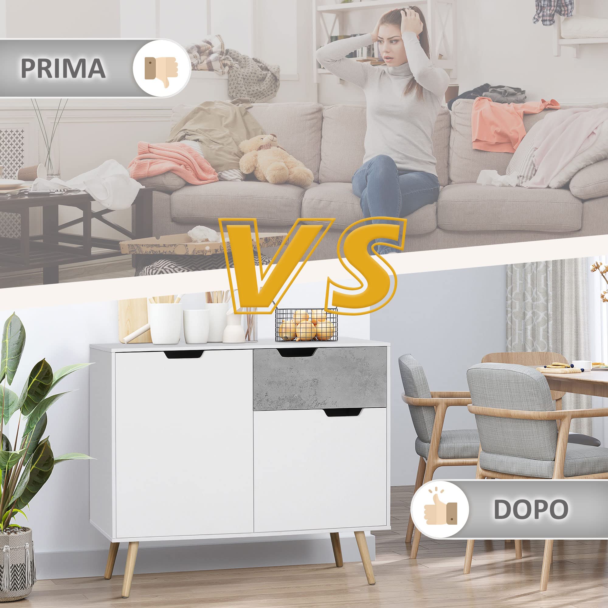 HOMCOM Mobile da Soggiorno Moderno, Credenza da Salotto e Soggiorno, 2 Armadietti a 2 Ante e Cassetto, Mobile Multiuso, Truciolato e Legno di Pino, 98x39x81.5 cm, Grigio e Bianco