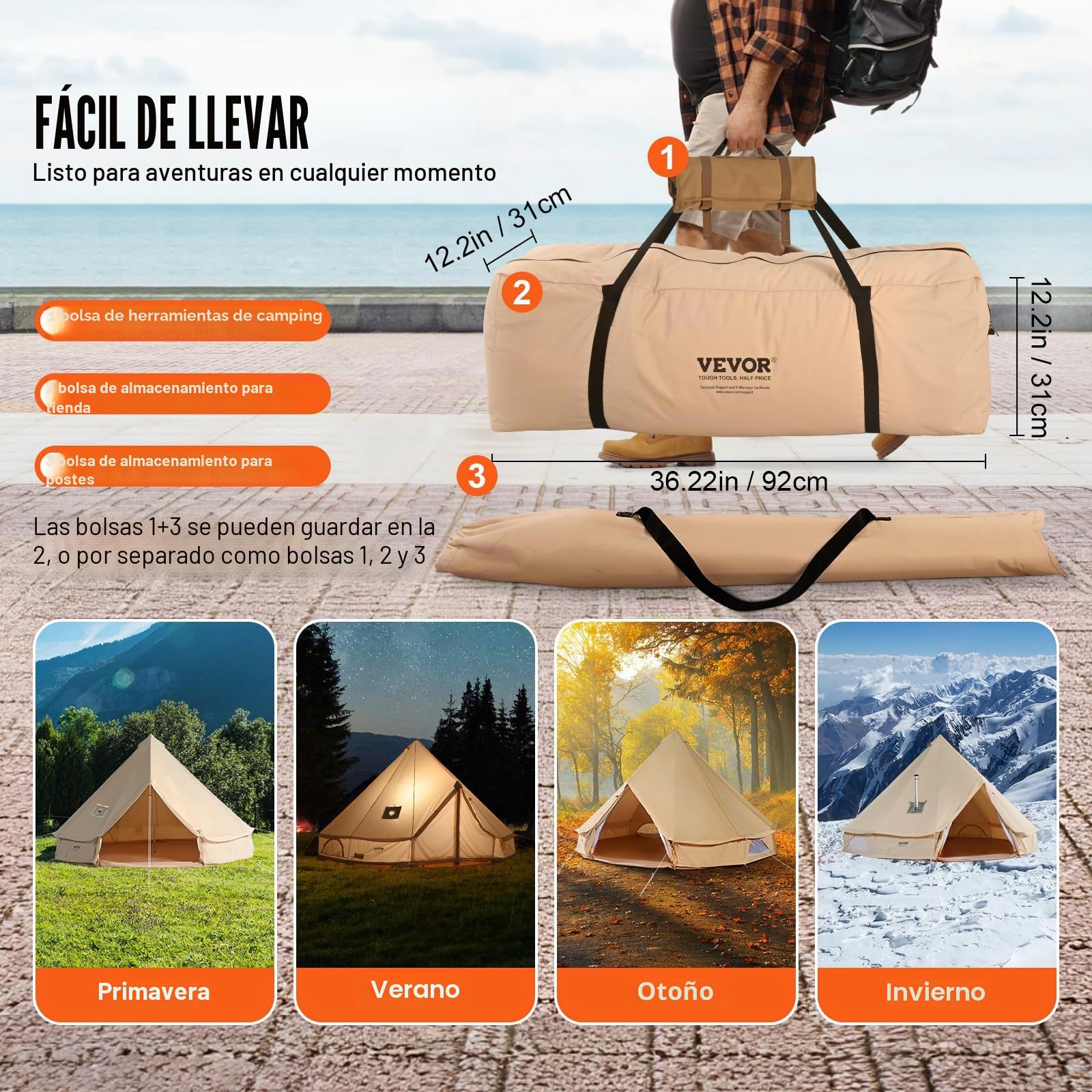 VEVOR Tienda de campaña de lona para 4 estaciones, tienda de campaña de lona para acampar con gato de estufa, tienda de campaña transpirable que sostiene a las personas, camping familiar al aire libre