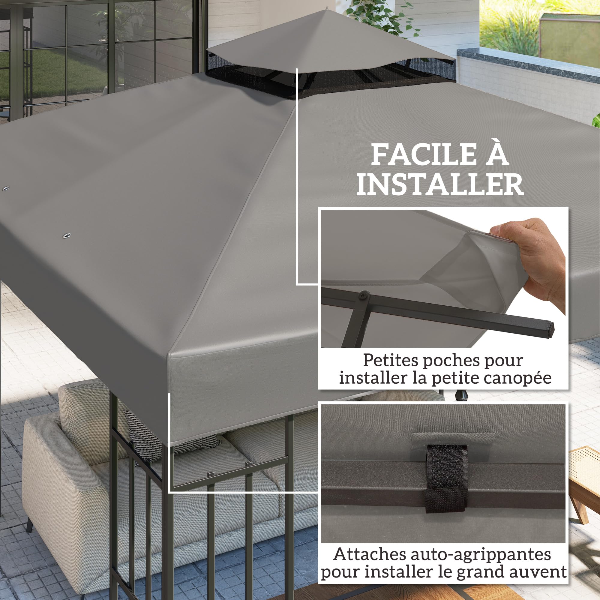 Outsunny Toile pour Tonnelle 3 x 3 m Rechange 2 Niveaux PVC Gris