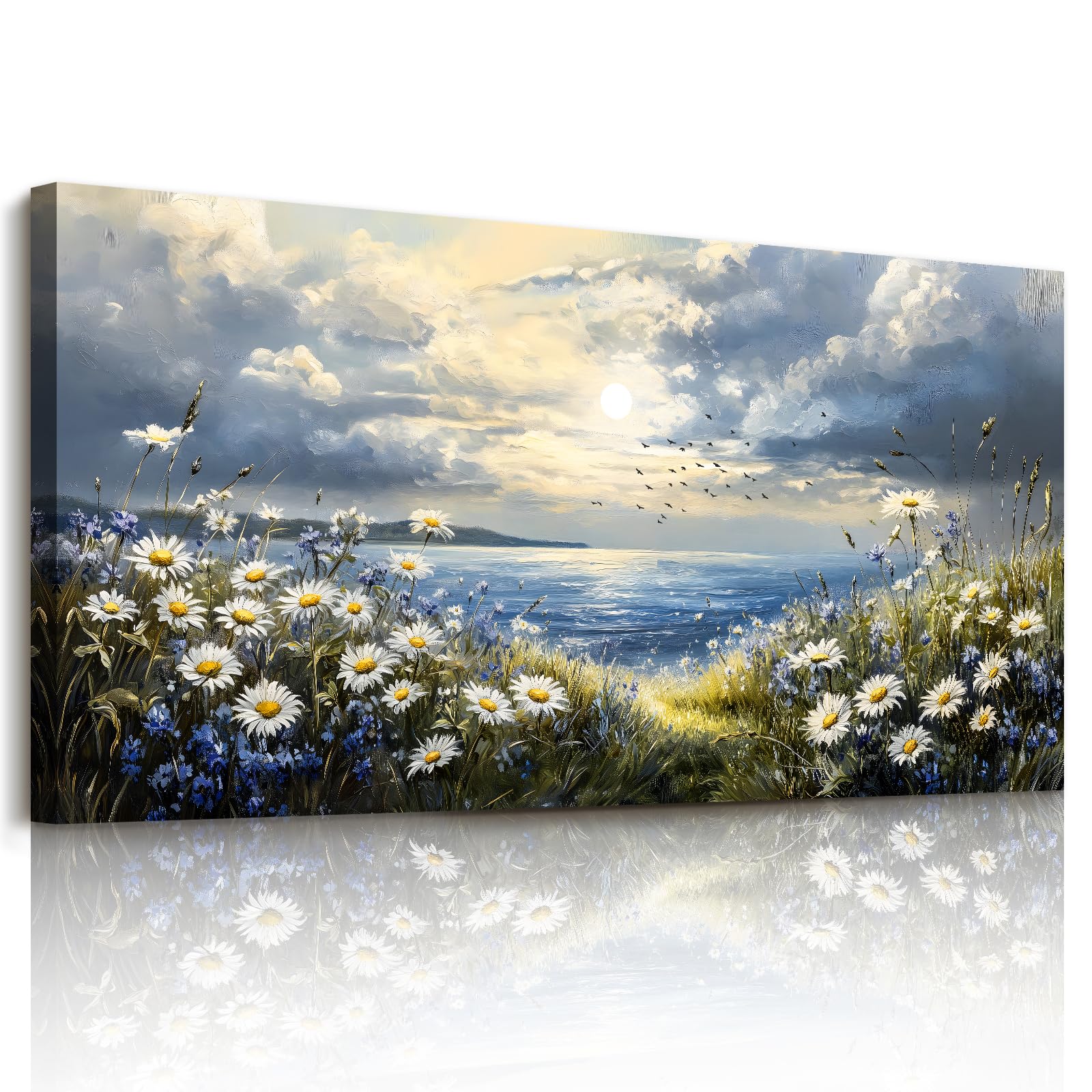 JHHUAMO Canvas Wall Art Large, Natural Sea Landscape Pictures, Frameless Modern Painting, Floral Wall Decorations for Living Room Bedroom Garden Hallway Office Gallery 24"x48"