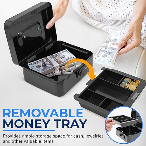 Miniatura 2 de Serenelife Caja de metal de 8 pulgadas con cerradura, caja fuerte para efectivo con bandeja para dinero, 5 cajones con cerradura, bandeja de dinero