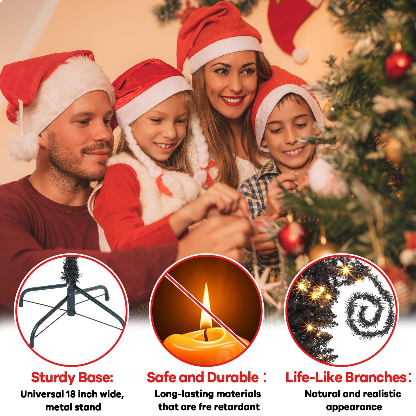 UL588 Sapin de Noël artificiel pliable de 1,8 m avec support – Sapin de Noël pliable avec branche – Sapin de Noël en plastique – Décorations de fête de Noël – Fournitures pour salon, maison et bureau