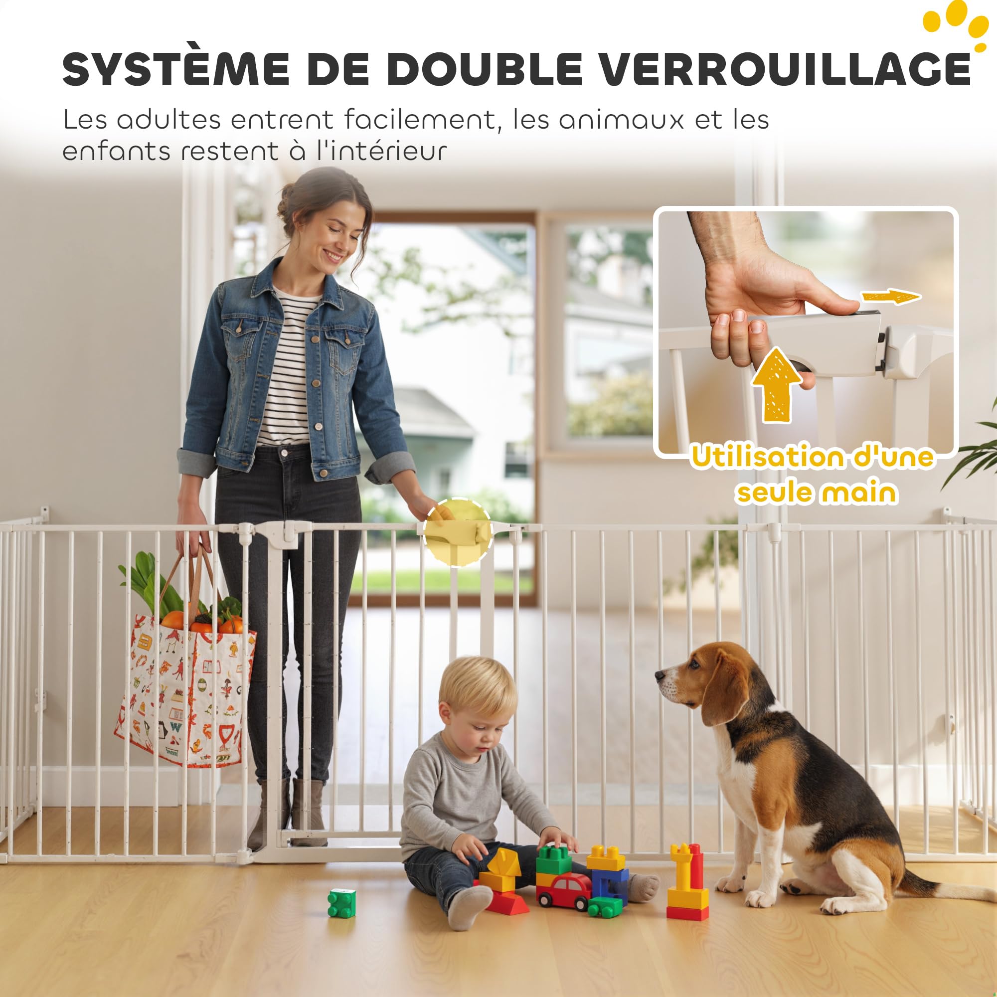 PawHut Barrière de sécurité Pliable et modulable, 366 cm, avec Porte à Double Verrouillage, Parc enclos pour Chien et Enfant, barrière de Protection cheminée en métal, 6 Panneaux, Blanc