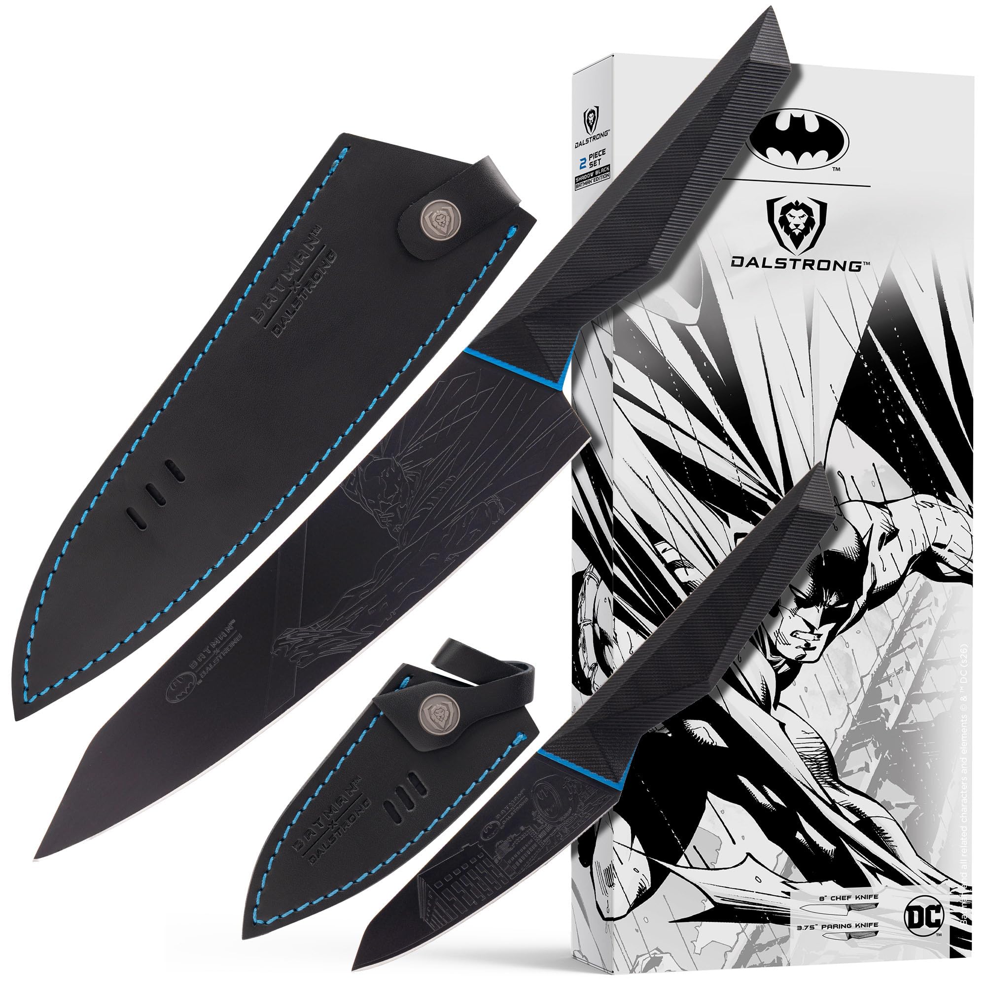 Dalstrong Knife Set-2pc-BATMAN™ DC Licensed SBS Edition-8" Chef Knife 3.75" Paring Knife-7Cr17MoV Steel-Black Titanium Kitchen Knife-DC Batman Set-G10 Handle-Sheath-Comic Figures