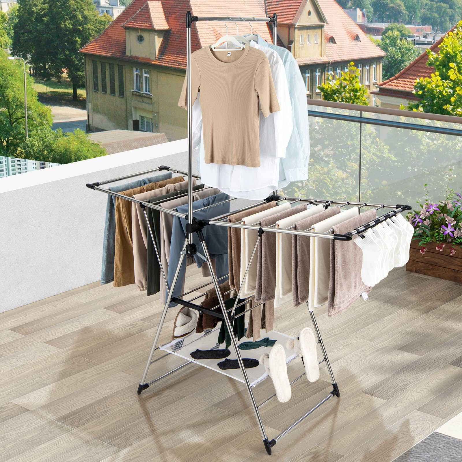 HOMASIS Wäscheständer klappbar, Standtrockner mit 2 Flügeln, höhenverstellbar Wäschetrockner Trockenständer mit Wäschestange & Sockenhalter & 4 Schuhhalter, Flügelwäschetrockner für Innen & Außen