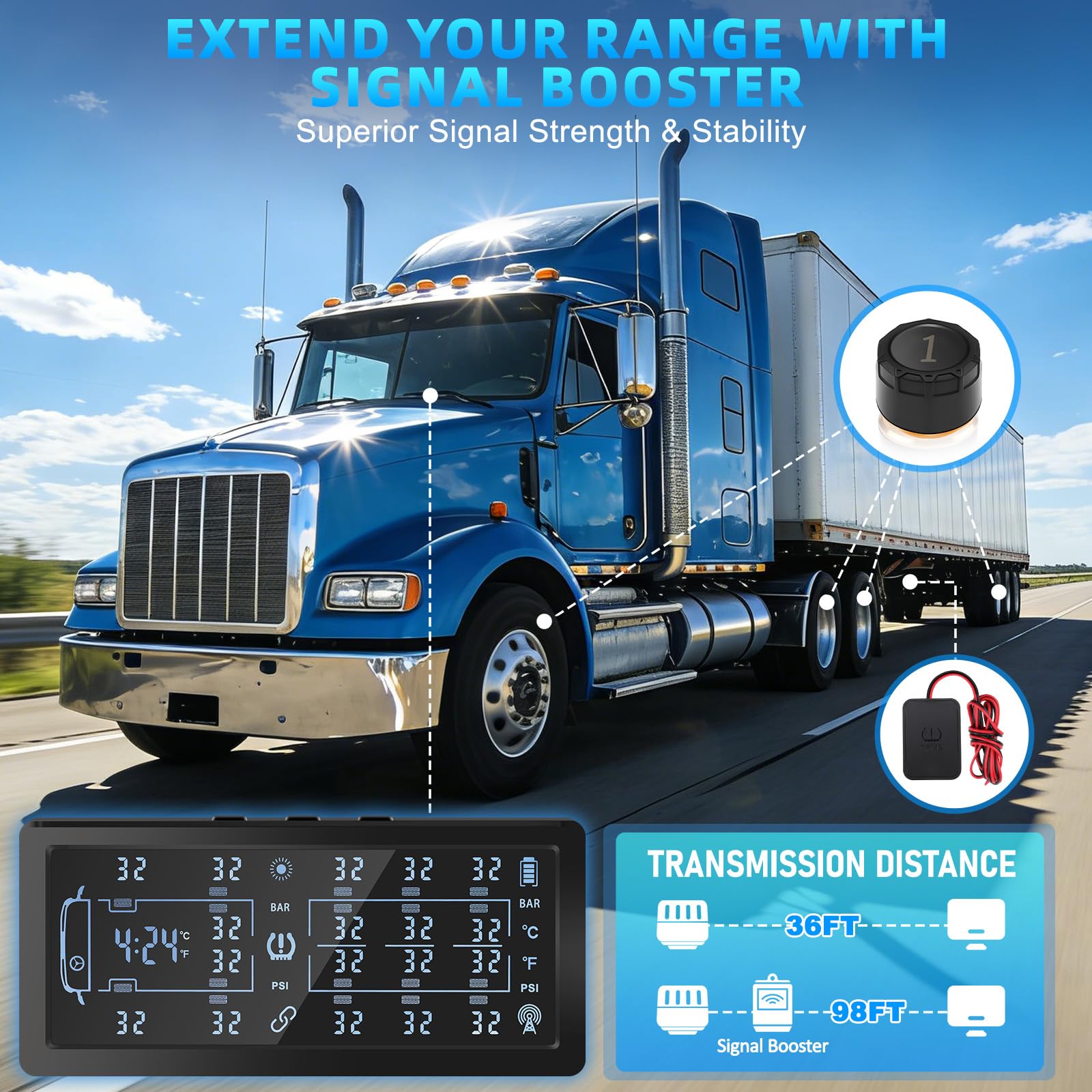 13Bar/199Psi TPMS Sistema di Monitoraggio della Pressione Controllo degli Pneumatici per Camion con 12 Sensori di Pressione dei Pneumatici Esterni per 10/12 Ruote Van Trattore Camion Pesante