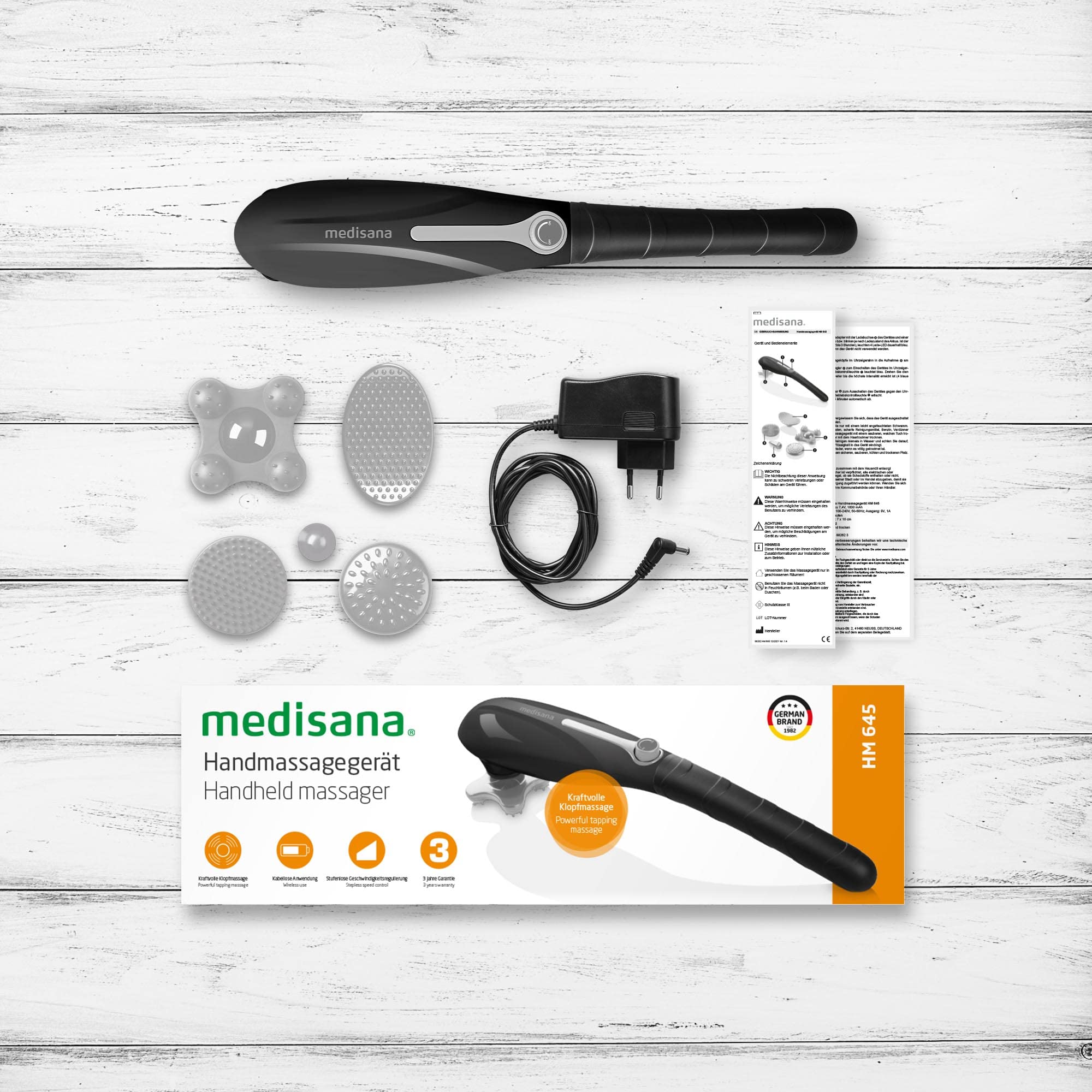 medisana HM 645 Handmassagegerät mit 5 Aufsätzen, elektrisches kraftvolles Klopfmassagegerät, Akupressur und Punktmassage, verschiedene Massageköpfe stufenlose Geschwindigkeitsregulierung