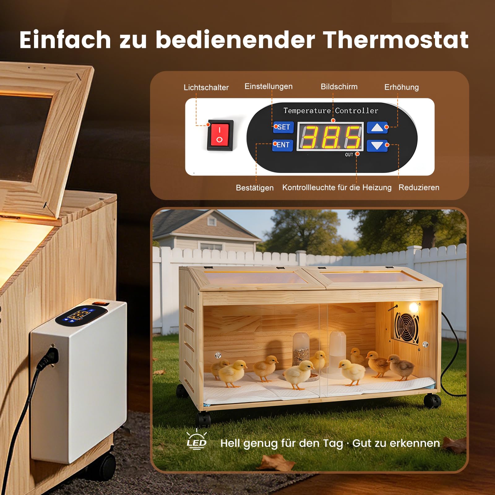 Kükenaufzuchtbox mit 4-Bremsrollen, intelligenter Brütkasten, Holzbrüter mit Temperaturregler, 80x40x40cm