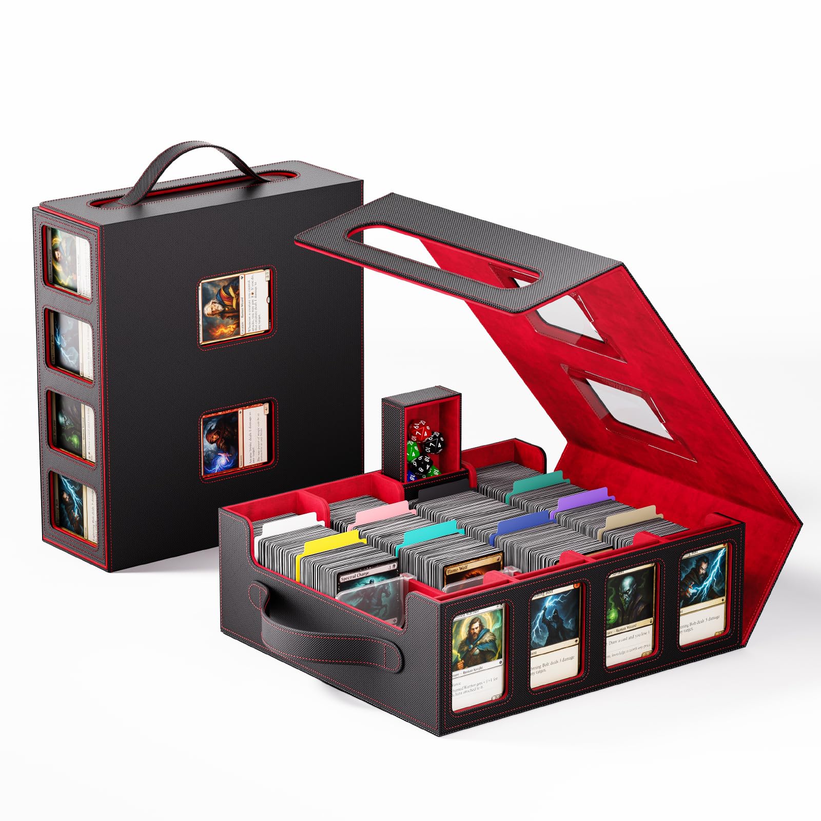 Trading Card Storage Box – 3500+ Magnetic MTG Deck Box with Handle,Commander & Toploader Display, Dice Box,4 Dividers & 30 Color Labels – Fits for TCG,MTG,Yu-Gi-Oh and Sport cards(Black/Red)