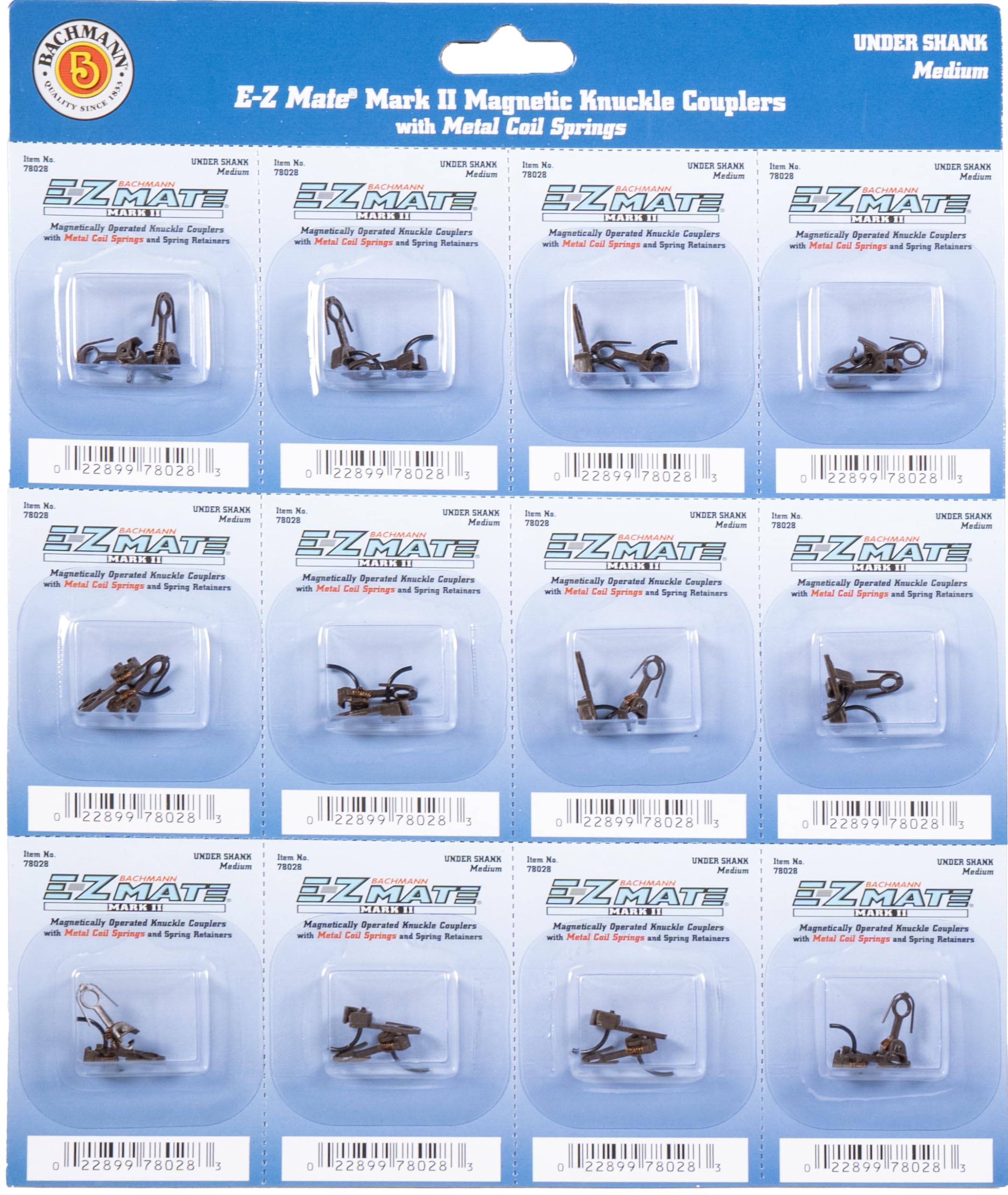 BachmannTrains - E-Z MATE MARK II COUPLERS - MAGNETIC KNUCKLE COUPLERS with METAL COIL SPRING - UNDER SHANK - MEDIUM (12 pair/card) - HO Scale