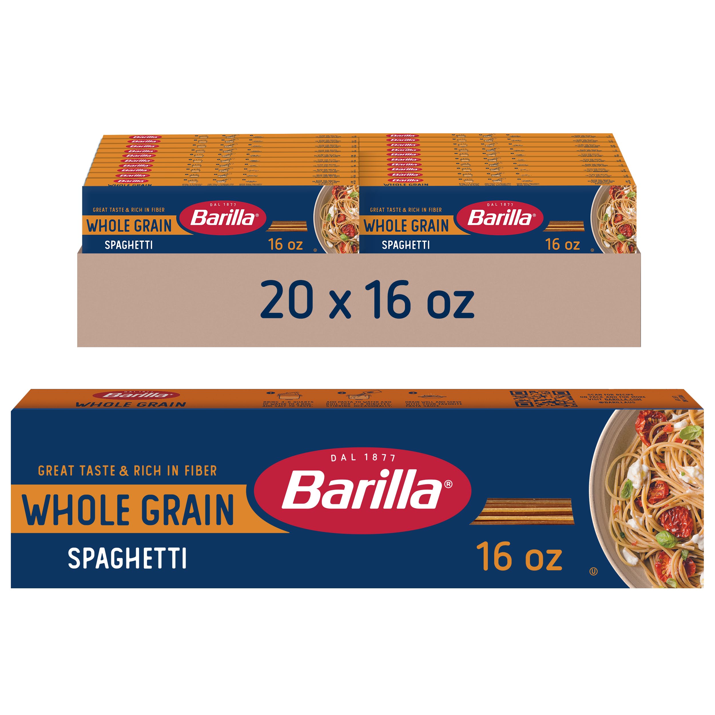 Barilla Whole Grain Spaghetti Pasta, 16 oz. Box (Pack of 20) - Non-GMO, Made With 100% Whole Grain Durum Wheat - Great Source of Fiber