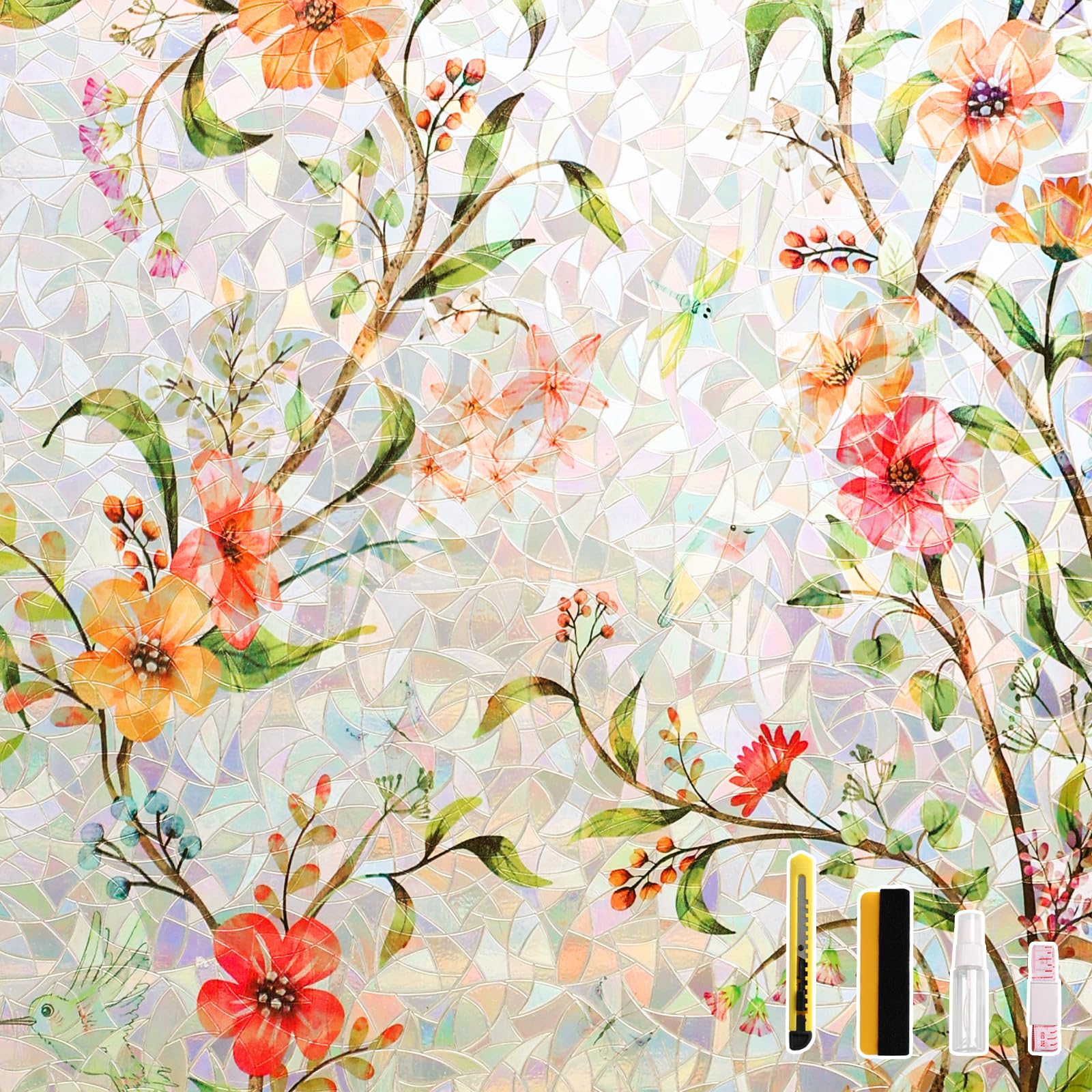 LEMON CLOUD Window Privacy Film with Static Cling &amp; 3D Rainbow Effect, Floral Stained Glass Pattern for Home Decor, Heat and UV Blocking, Non-Adhesive, 23.6 x 78.7 Inch