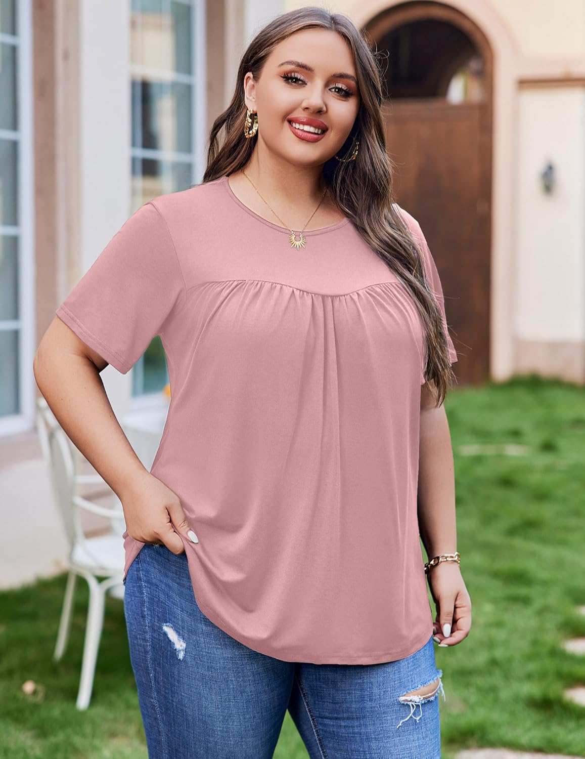 IN'VOLAND Womens Plus Size Tops Short Sleeve Tunic Crew Neck Shirts Summer Casual Loose Blouse 1X-5X - Image 3