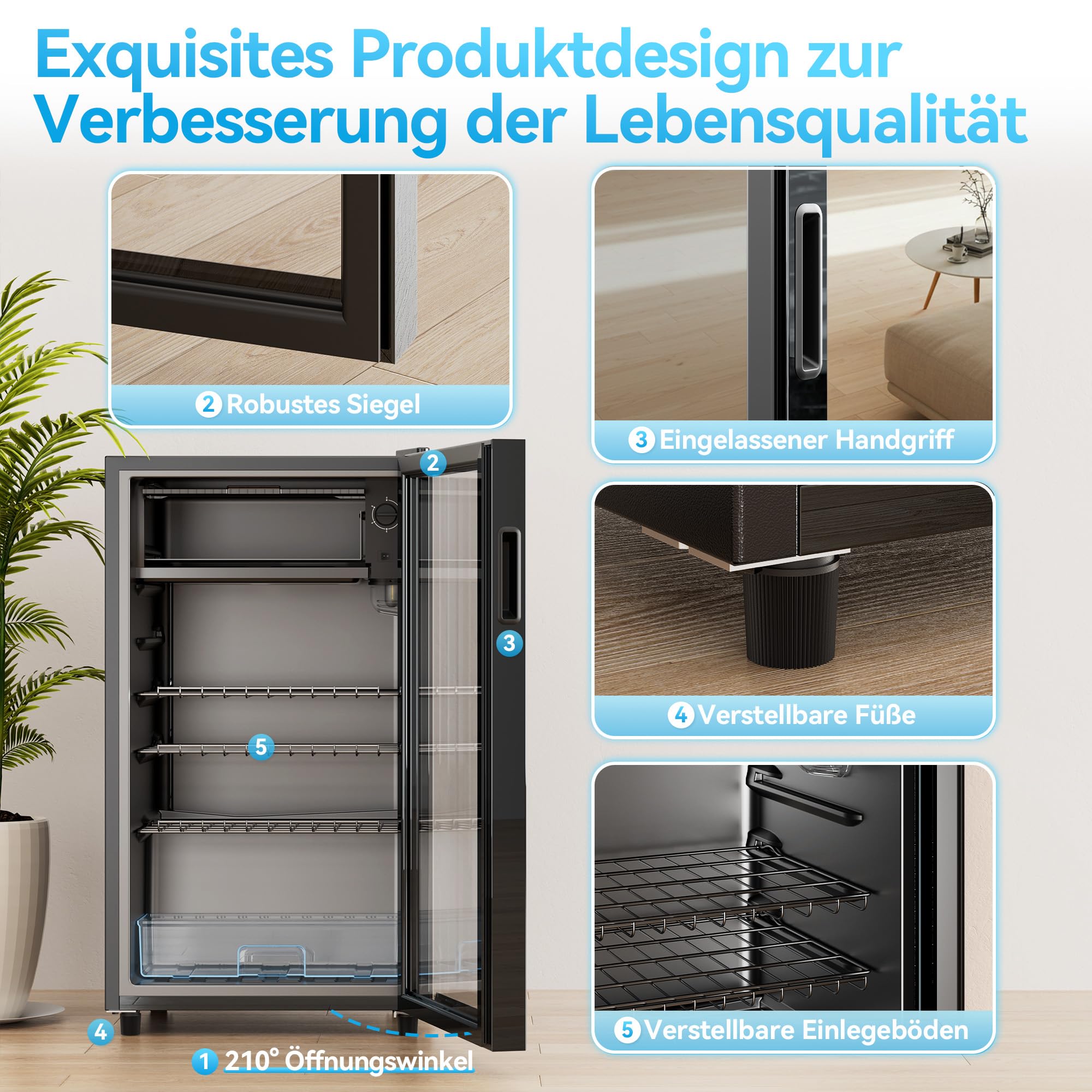 TRIUMPHKEY Nevera para Bebidas, Nevera Compacta de 85 Litros con Luces LED Azules, Nevera para Cerveza, Diseño de Puerta Completa de Cristal con 4 Estantes y Botelleros para Refrescos, Cerveza y Vino.