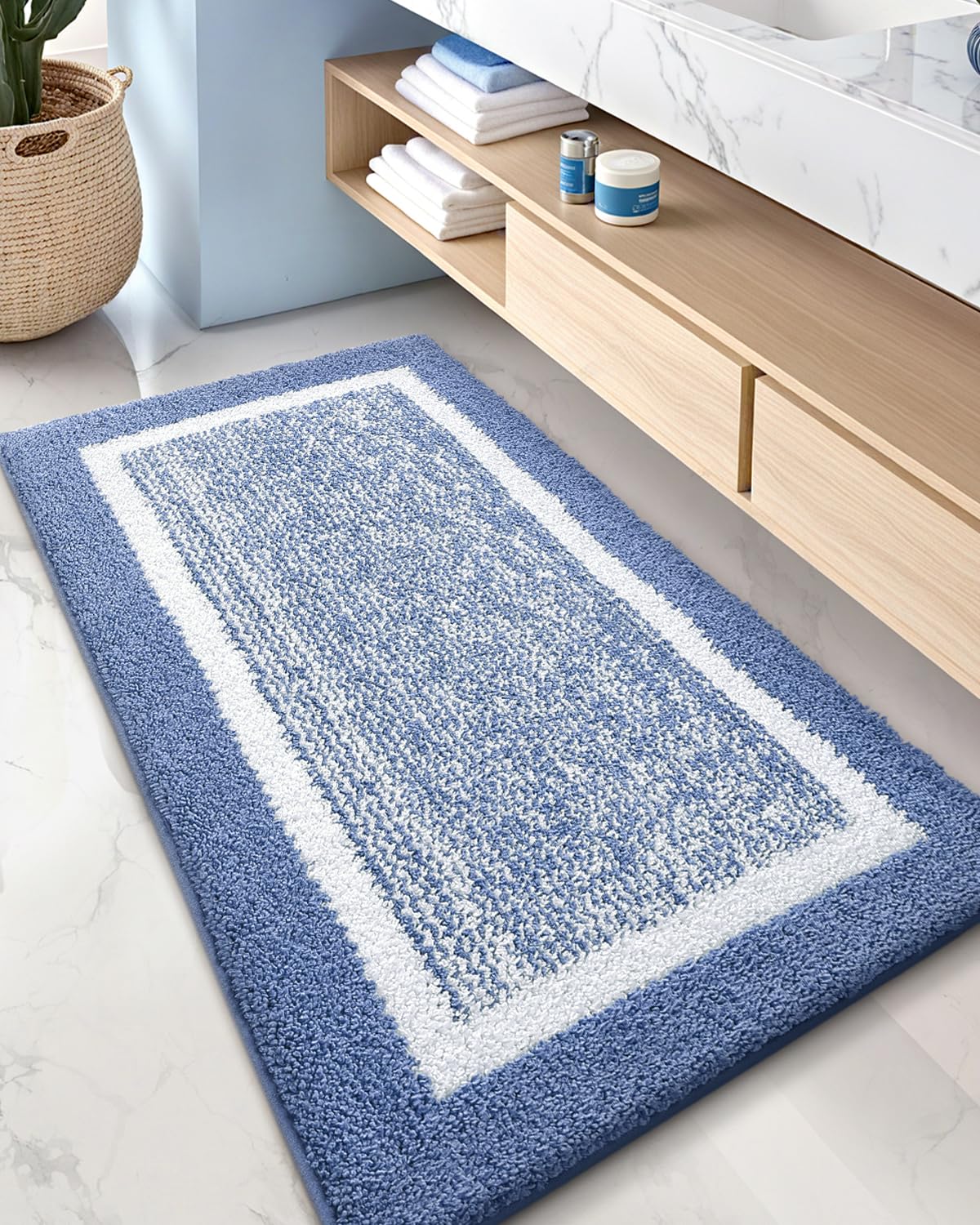 Color&Geometry Simple and Stylish Bathroom Runner Non Slip, 24"x43" Light Blue Bath Runner Rug, Absorbent, Soft, Washable, Microfiber Bath Mat