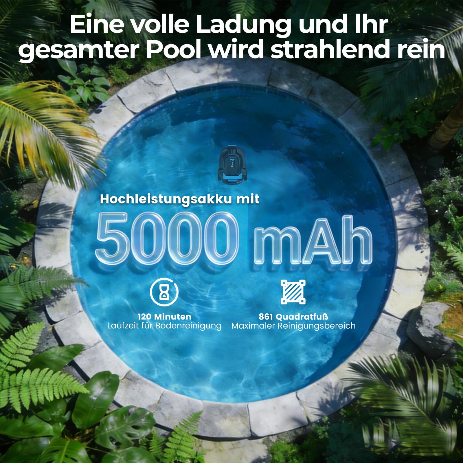 Poolroboter, Kabelloser Poolsauger Akku 5000 mAh, 120 Minuten Reinigungszeit, Automatische Reinigung mit Selbsteinparkfunktion, 6057 LPH Leistungsstarker Poolsauger für Pools 80 m², PC01