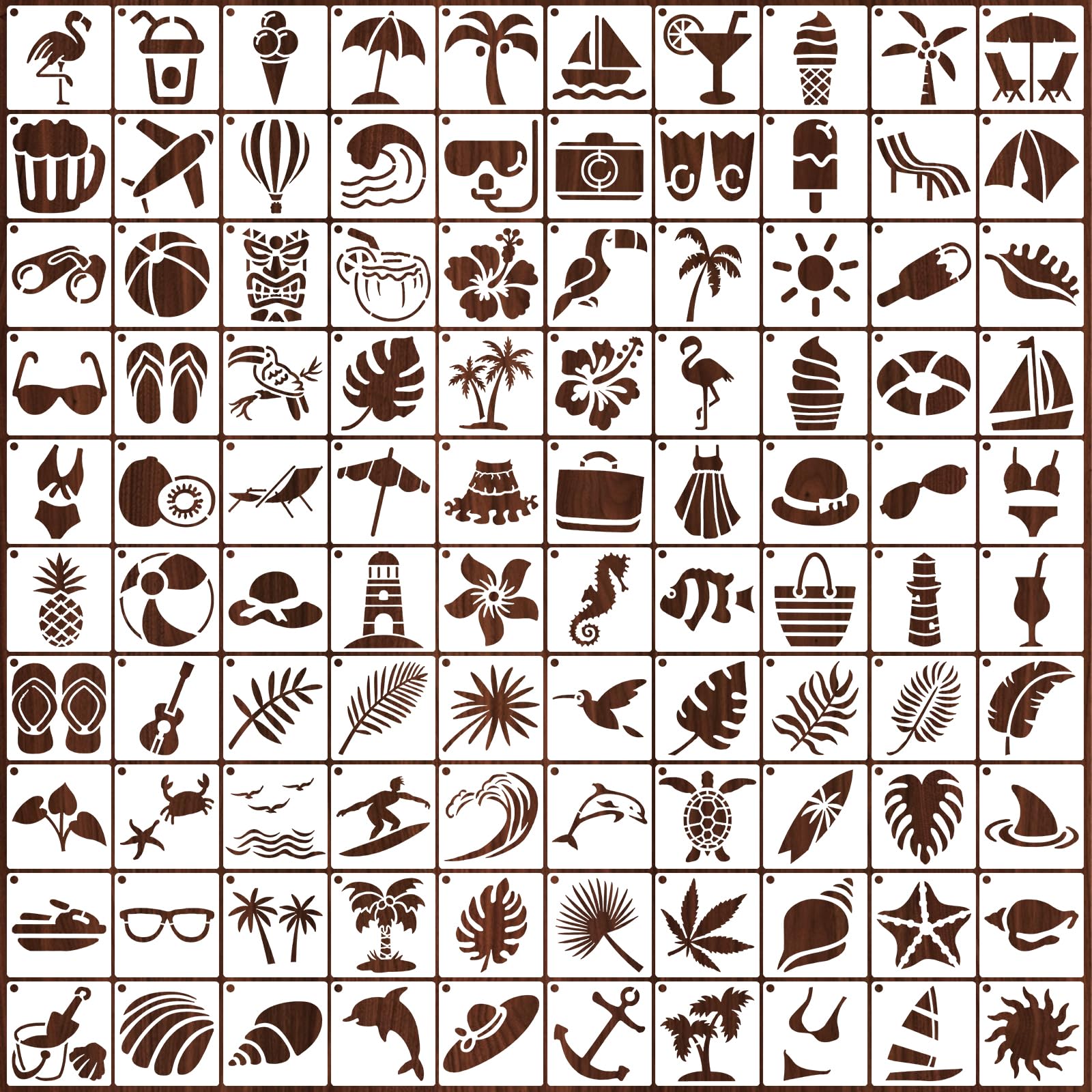 100 Pcs Summer Themed Painting Stencils 2 x 2 Inches Small Crafts Stencil Reusable Drawing Templates Wall Paper for DIY Scrapbook Wood Rock