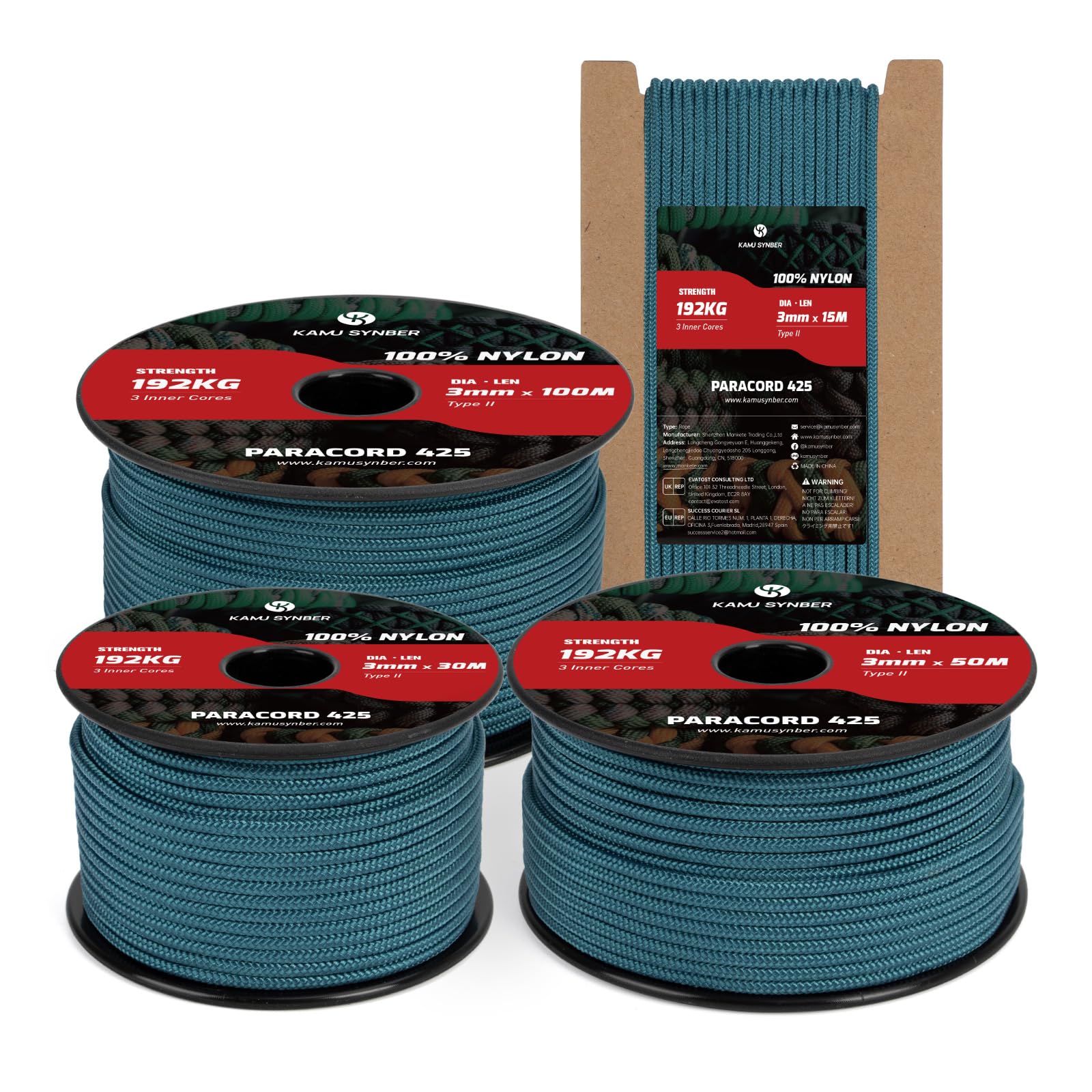 Kamu Synber 425 Paracord 3mm x 15m 100% Nylon Rope 3 Strands Parachute Cord Type II for Outdoor, Crafting, DIY | Support 192kg | Teal