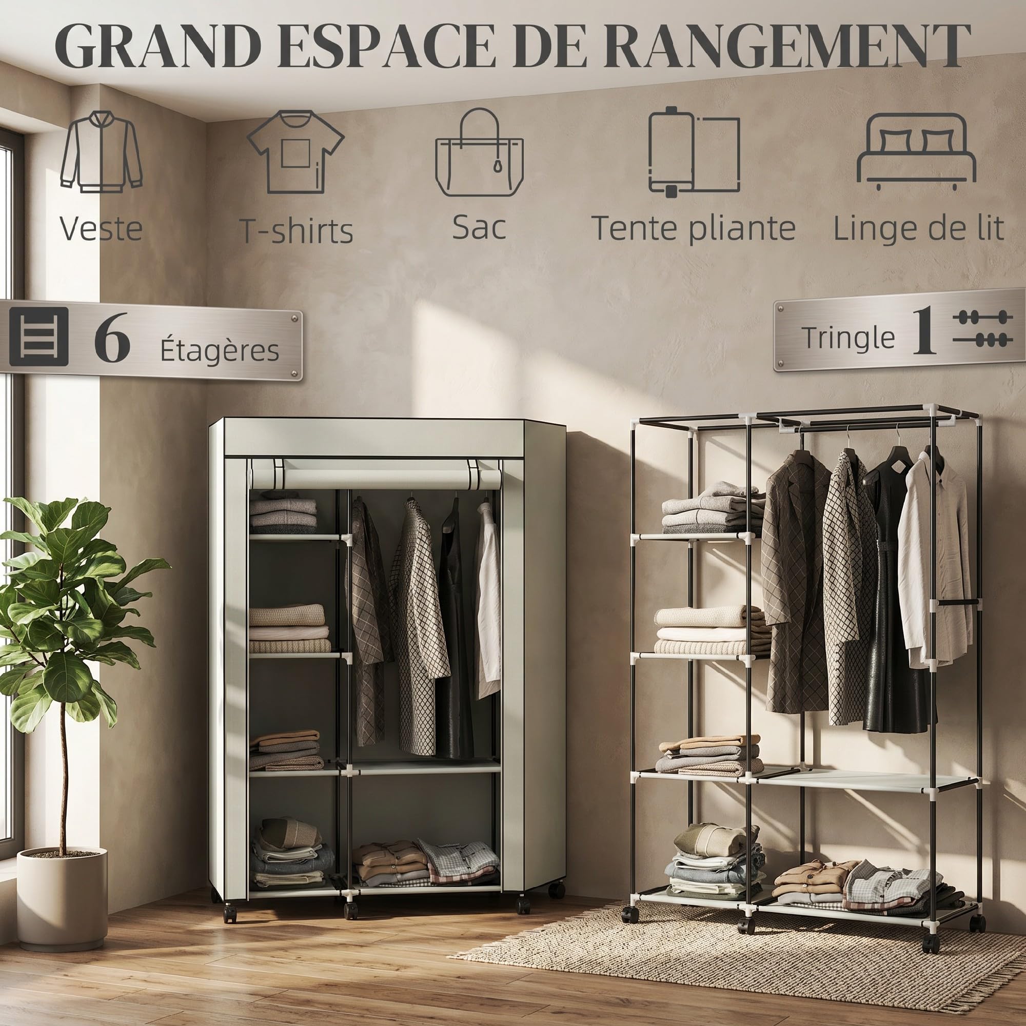 HOMCOM Armoire penderie en Tissu Meuble de Rangement Mobile 6 roulettes avec Tringle à vêtements et étagères Ouvertes penderie vêtement Dressing Roulant pour Chambre à Coucher 103x43x162,5cm crème