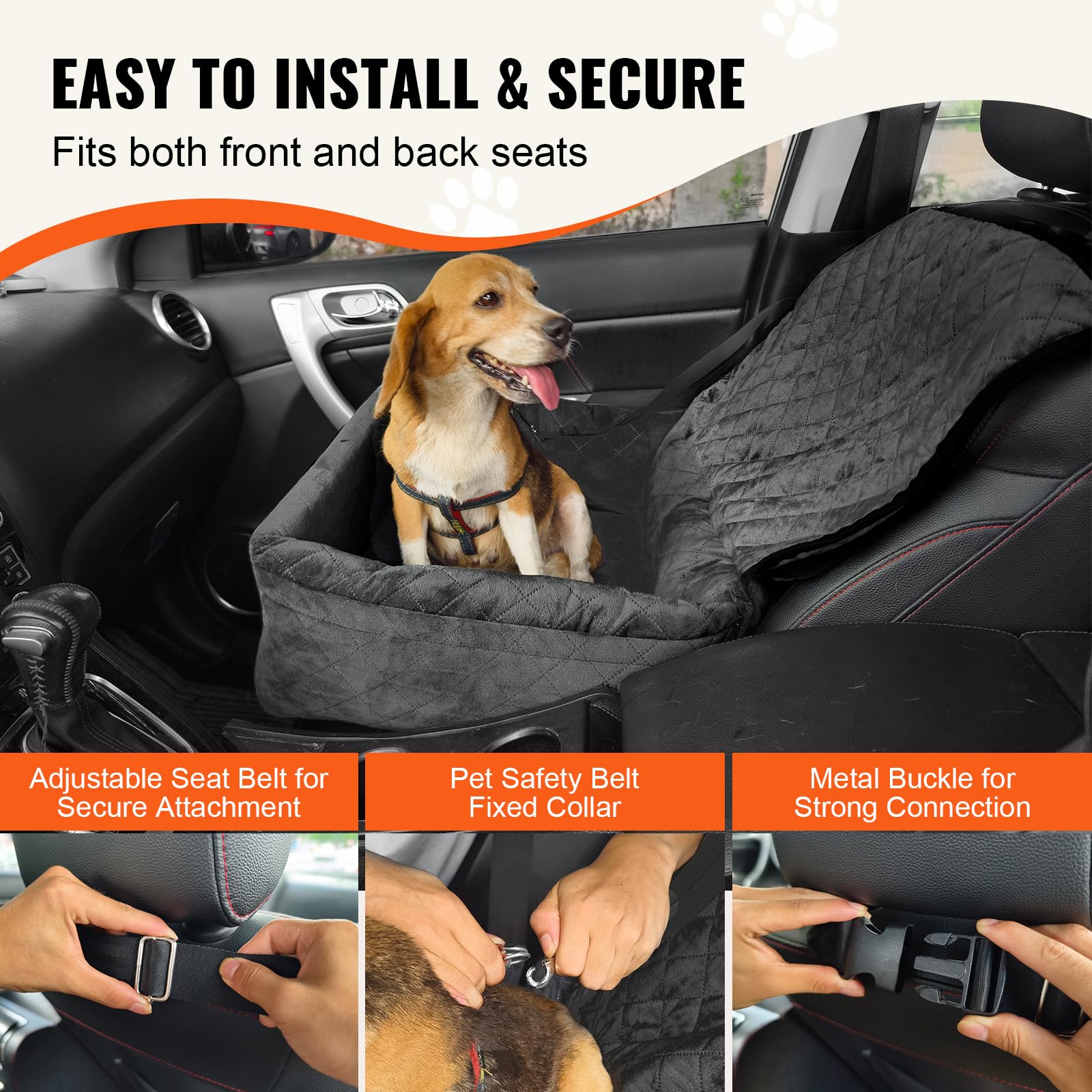 VEVOR Asiento de Coche para Perros 18 kg Asiento de Seguridad para Mascotas Asiento Elevador Impermeable con Correa de Seguridad con Clip Acolchado de Algodón PP Silla para Coche para Mascotas, Negro