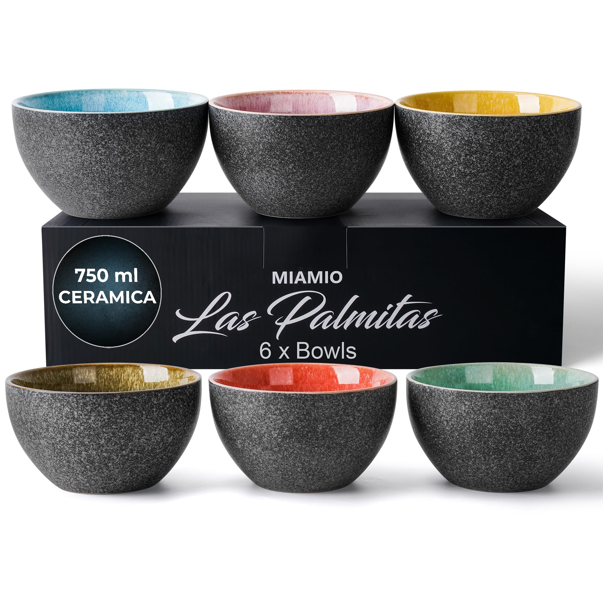 MIAMIO - 750 ml, Set di 6 ciotole, ciotola in ceramica, ciotola per insalata, ciotola per zuppa, ciotola per cereali - Adatto per microonde e lavastoviglie - Collezione Las Palmitas