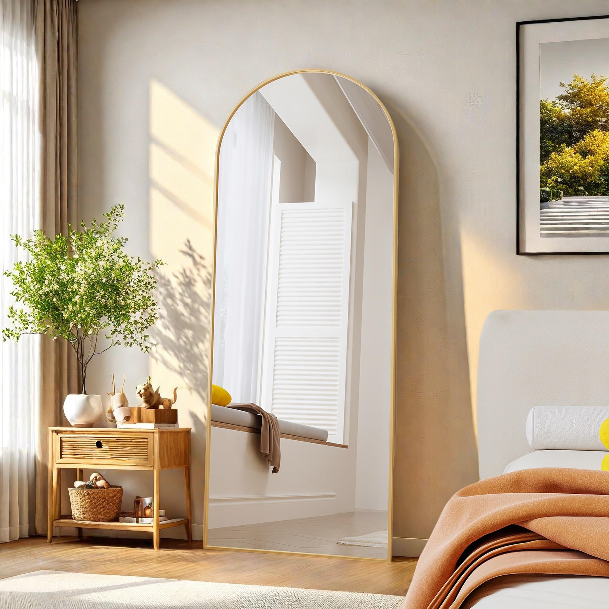 Miroir sur Pied 165 x 60 cm, Arqué Miroir Pleine Longueur avec Support, Cadre en Alliage d'aluminium, Miroir Mural Chambre en Pleine Longueur, Peut être posé ou accroché (Or)