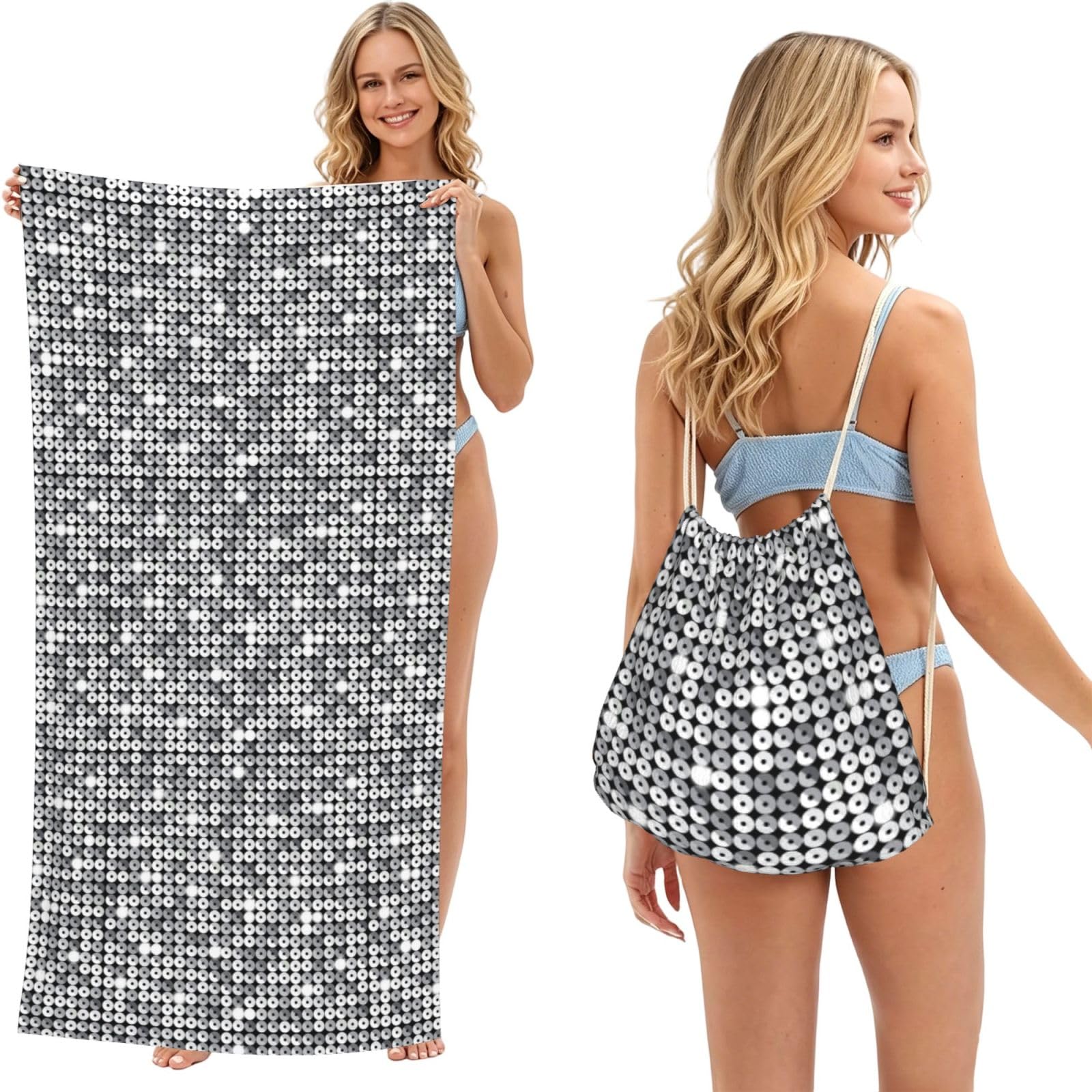Poadnly As Picture Silver Sequin Sparkle Pattern, 2 In 1 Packable Towel Bag, Beach Towels With Drawstring Backpack For Travel Holiday Camping