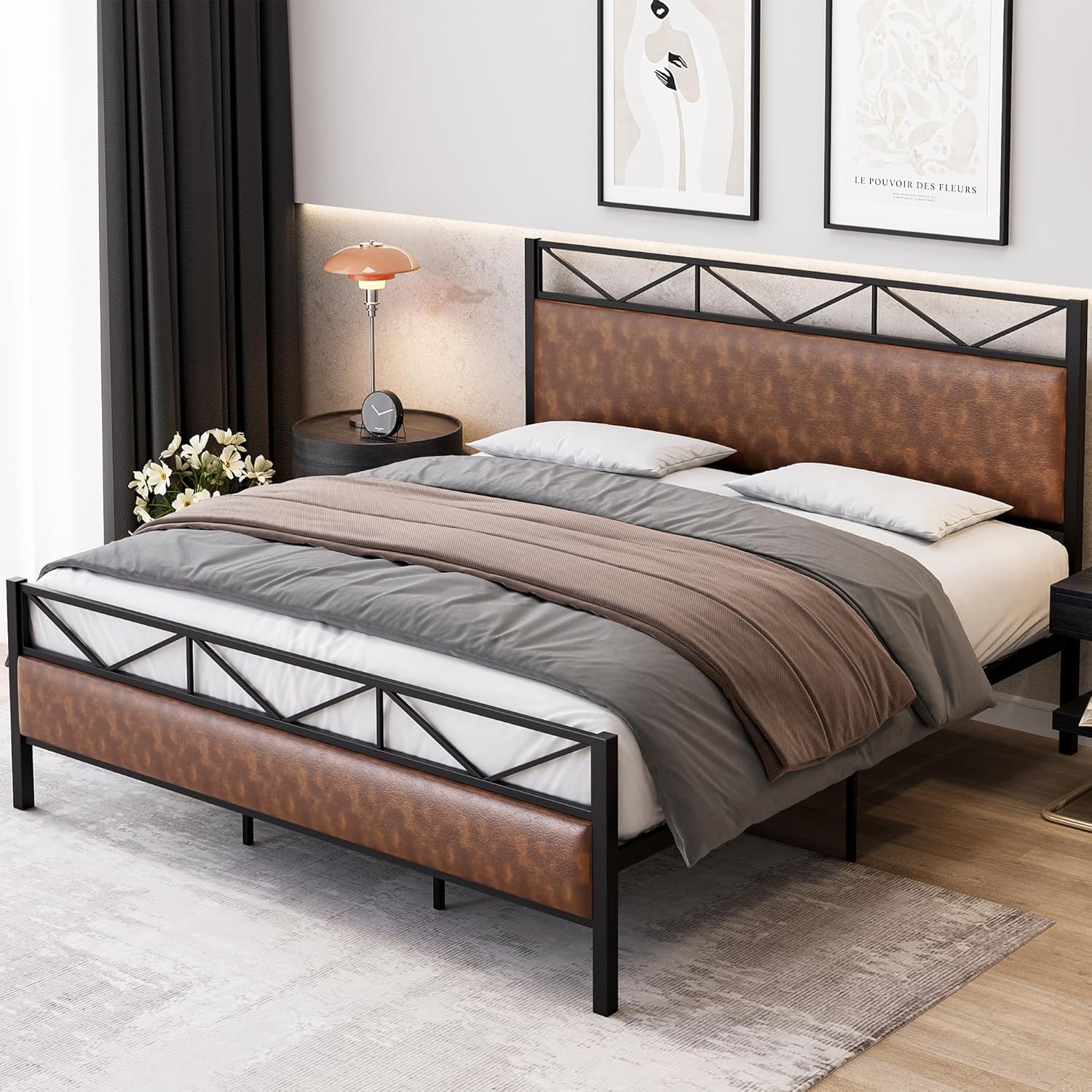 Senfot King Size Bed Frame with Headboard, Industrial Platform King Bed Frame with 14 Strong Metal Slats Support, 11'' Under-Bed Storage, No Noise, Easy Assembly, Rustic Brown