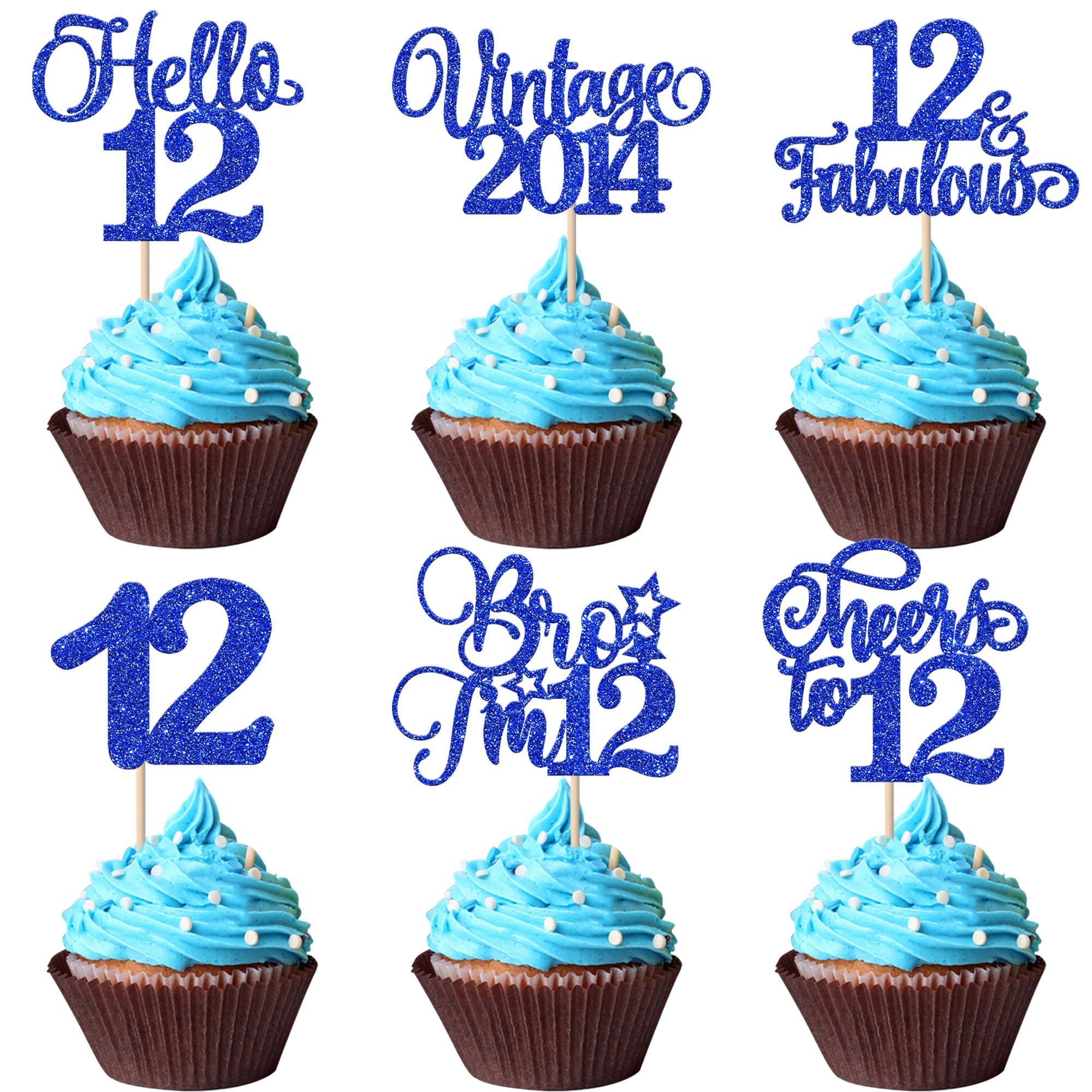 Xsstarmi 24 Pack Vintage 2014 Cupcake Toppers Glitter Blue Star Bro I'm 12 Fabulous Cupcake Picks Hello 12 Cheers to 12 Years Cake Decorations for Happy 12th Birthday Anniversary Party Supplies